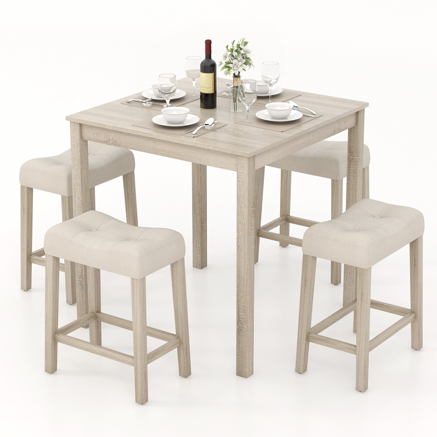 5 Pieces Bar Table Set with Square Table and 4 Padded Stools-Grey