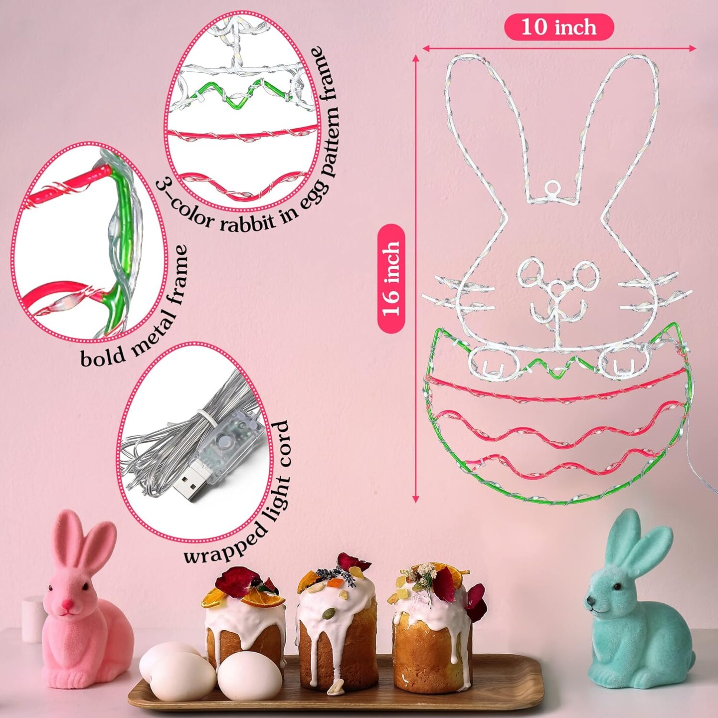 16" Easter Egg Bunny Window Lights, Easter Silhouette Light Decorations with 8 Lighting Modes Remote Control (AAA Battery) for Outdoor Indoor Easter Party, USB Plug Powered Lighting Decor