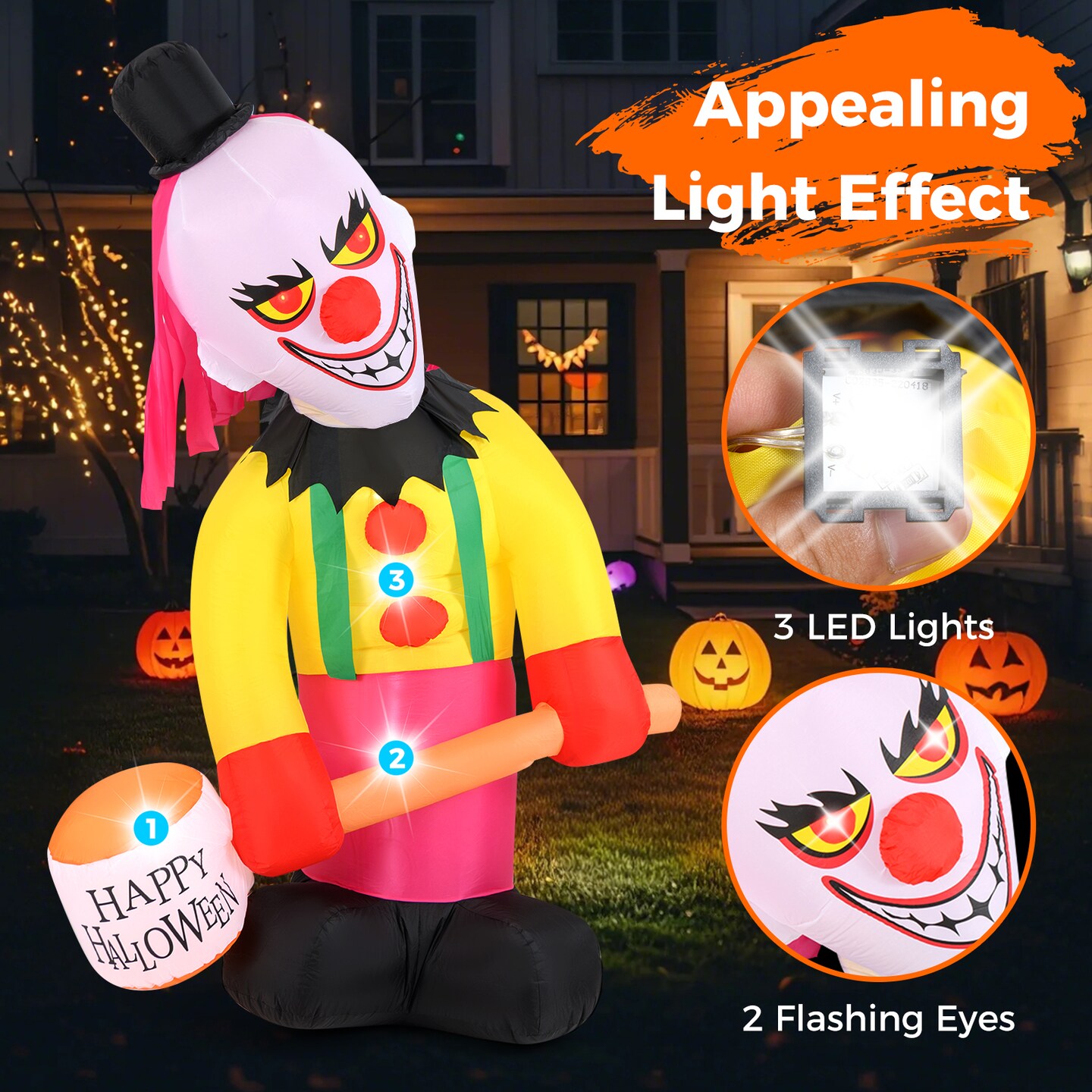 Inflatable Halloween Head Turning Clown with Hammer and Flashing Eyes
