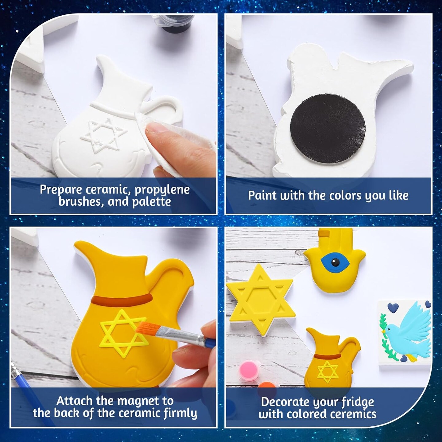 12 Set Purim Crafts Paint Your Own Ceramic Hanukkah Plasters Paint Purim Decoration Gifts DIY Ceramics with Pastel Brush Palette Magnet