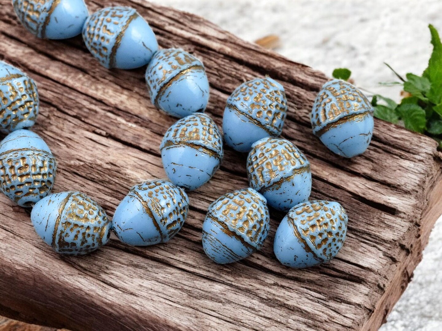 *8* 10x12mm Bronze Washed Opaque Pacific Blue  Acorn Oval Beads