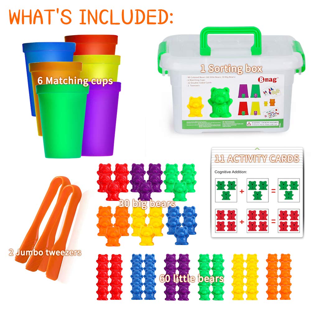 Counting Bears with Matching Sorting Cups,Number Color Recognition STEM Educational Toy for Toddler, Pre-School Learning Toy with 90 Bears,2 Tweezers,11 Activity Cards,1 Storage Box