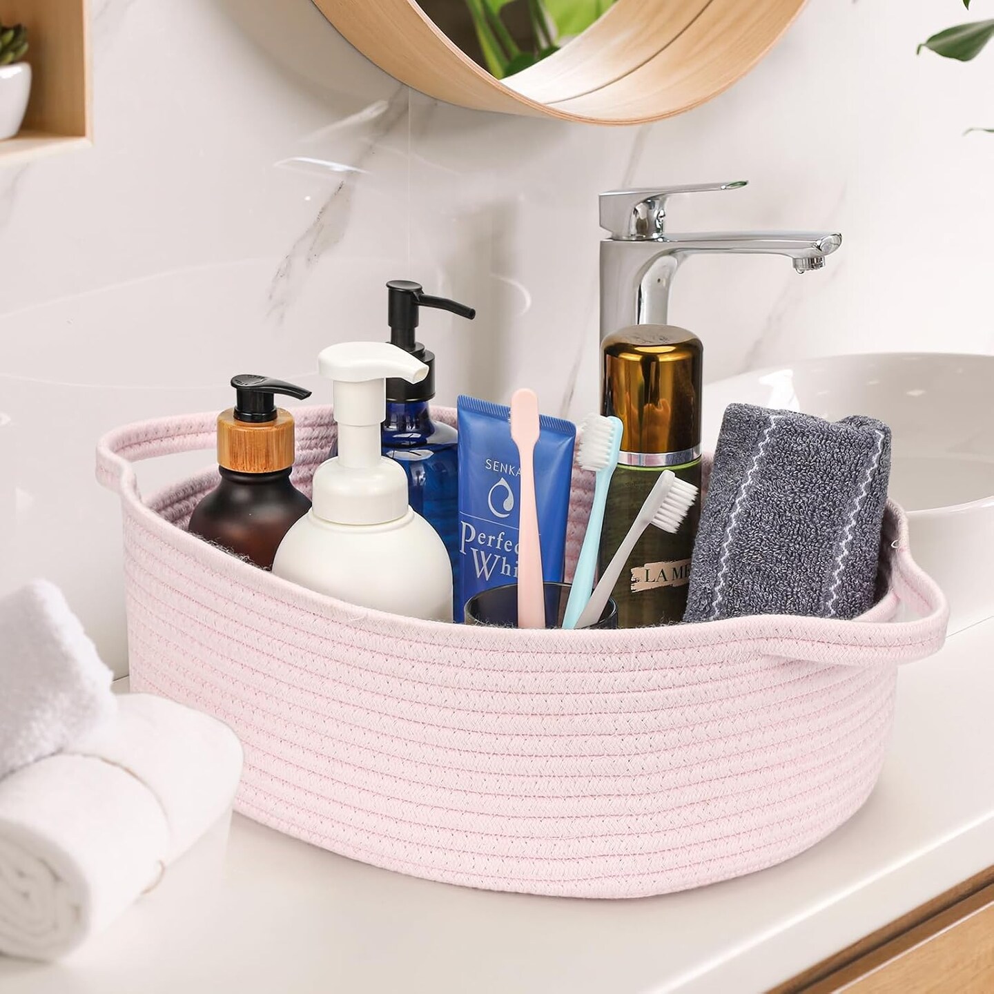 Small Woven Cotton Rope Basket Cute Baby Gift Baskets Empty Decorative Storage Basket for Organizing Shelves Closet Baby Nursery Basket Bin Toy Storage Basket Organizer 13.7&#x22;x10.2&#x22;x5&#x22; Pink