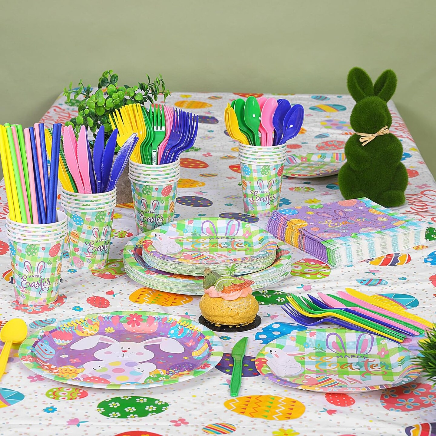194 Pieces Disposable Easter Colorful Tableware Set Bunny Party Supplies Include Easter Plates Cups Napkins Cutlery Colorful Eggs Tablecloth for Easter Party Supplies Table Decoration Serves 24