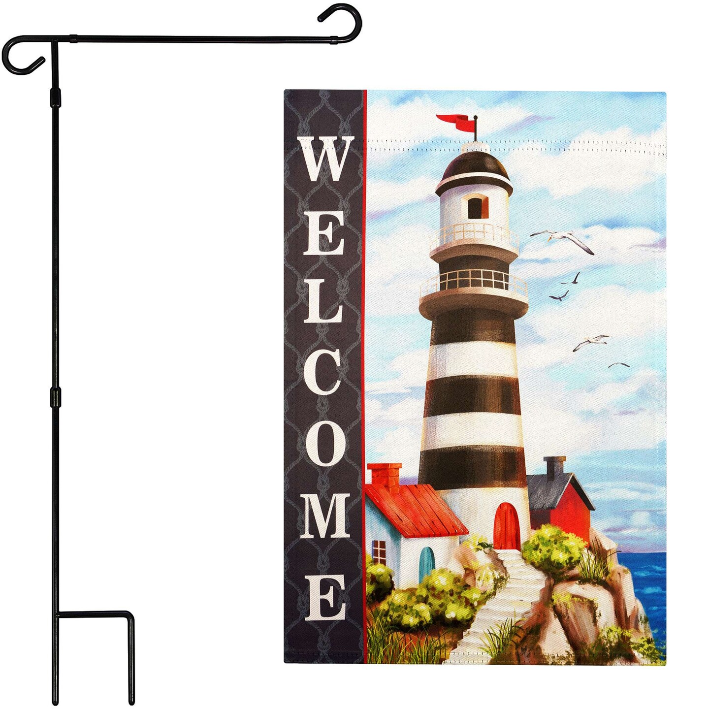 G128 Combo Pack: Garden Flag Stand 36x16IN & Garden Flag Welcome Lighthouse Beach Printed 12x18IN Double Sided