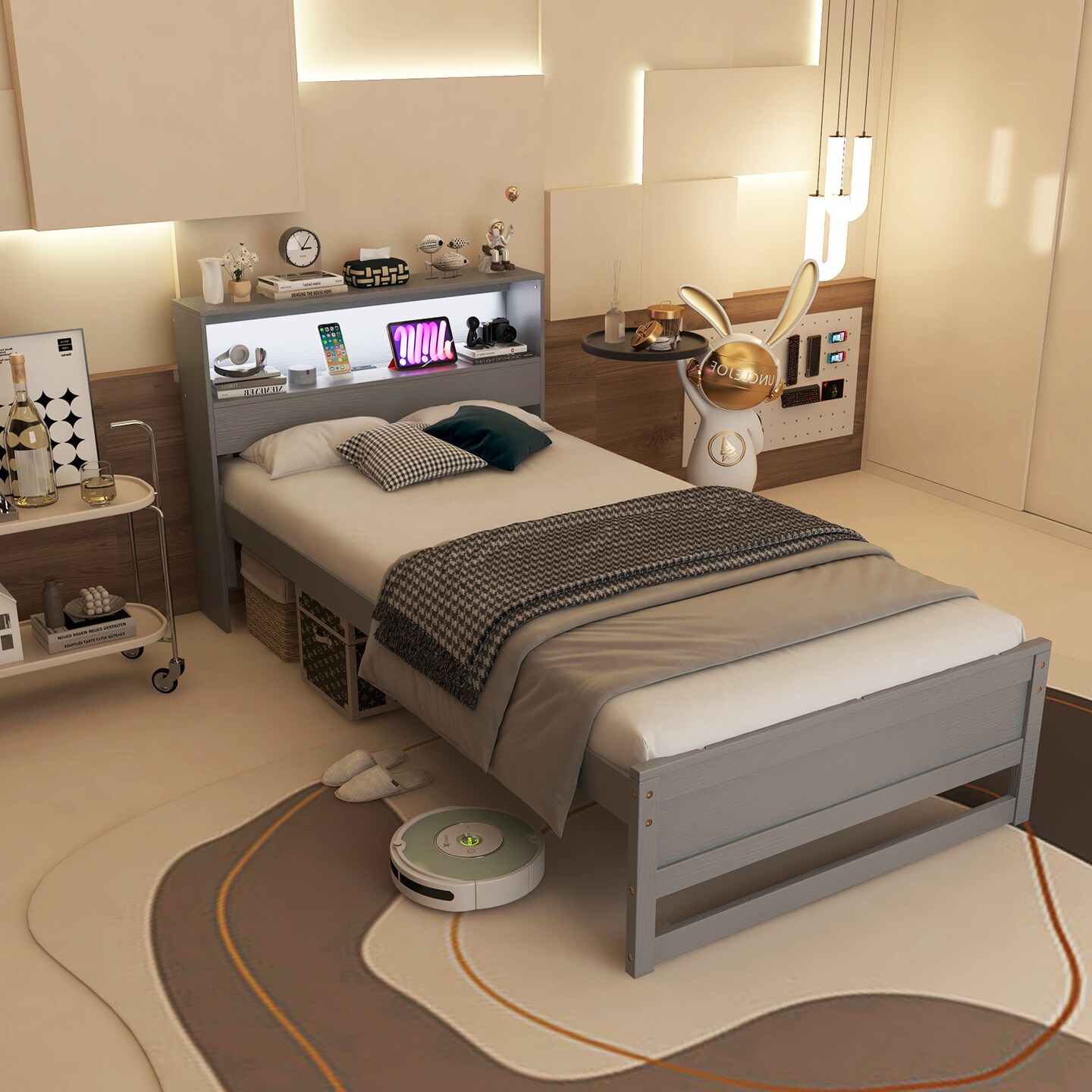 Wooden Twin Bed with Storage Headboard Charging Station LED Light and Under-bed Storage