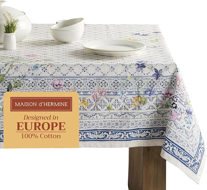 Tablecloth 70&#x22;x108&#x22; - Faience Pattern - Rectangle Decorative Cotton Tablecloth for Dining Room, Home, Farmhouse, Parties, Outdoor, Boho &#x26; Wedding - Ideal for Spring &#x26; Summer