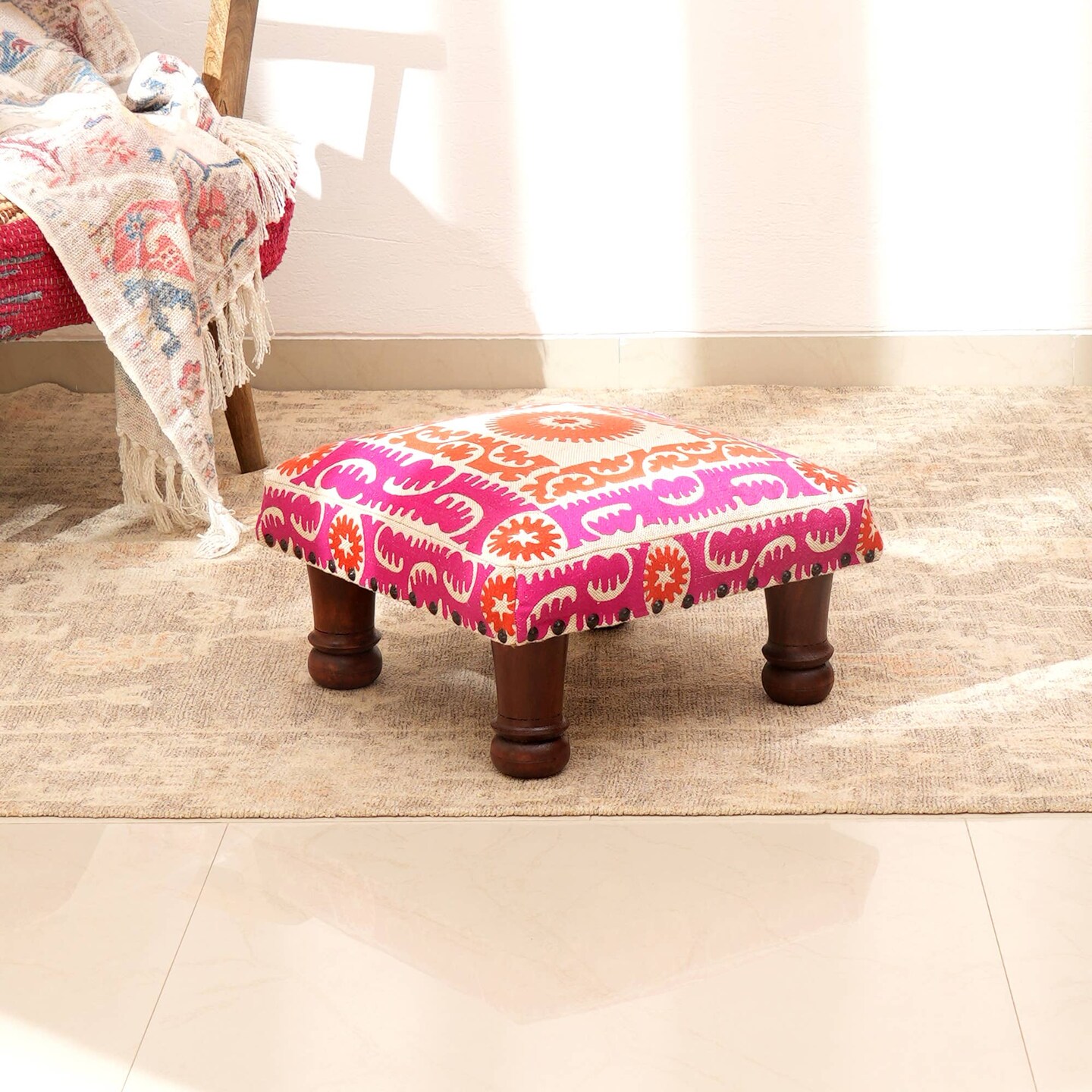 Embroidered Multicolor Foot Stool-Accent Stool - 16 X 16 X 5&#x22;