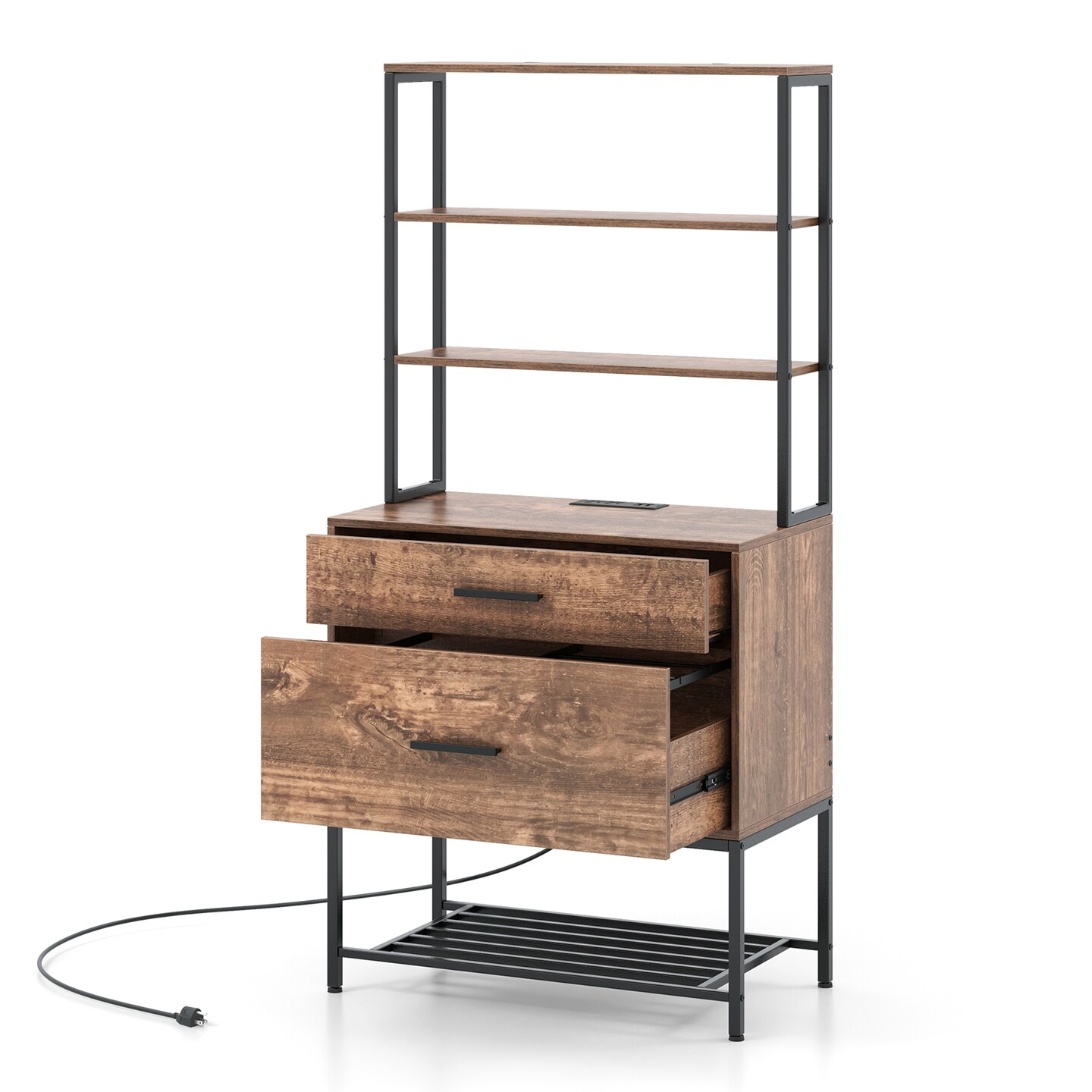 Rustic Brown Freestanding File Cabinet with Charging Station and 3-Tier Open Shelves