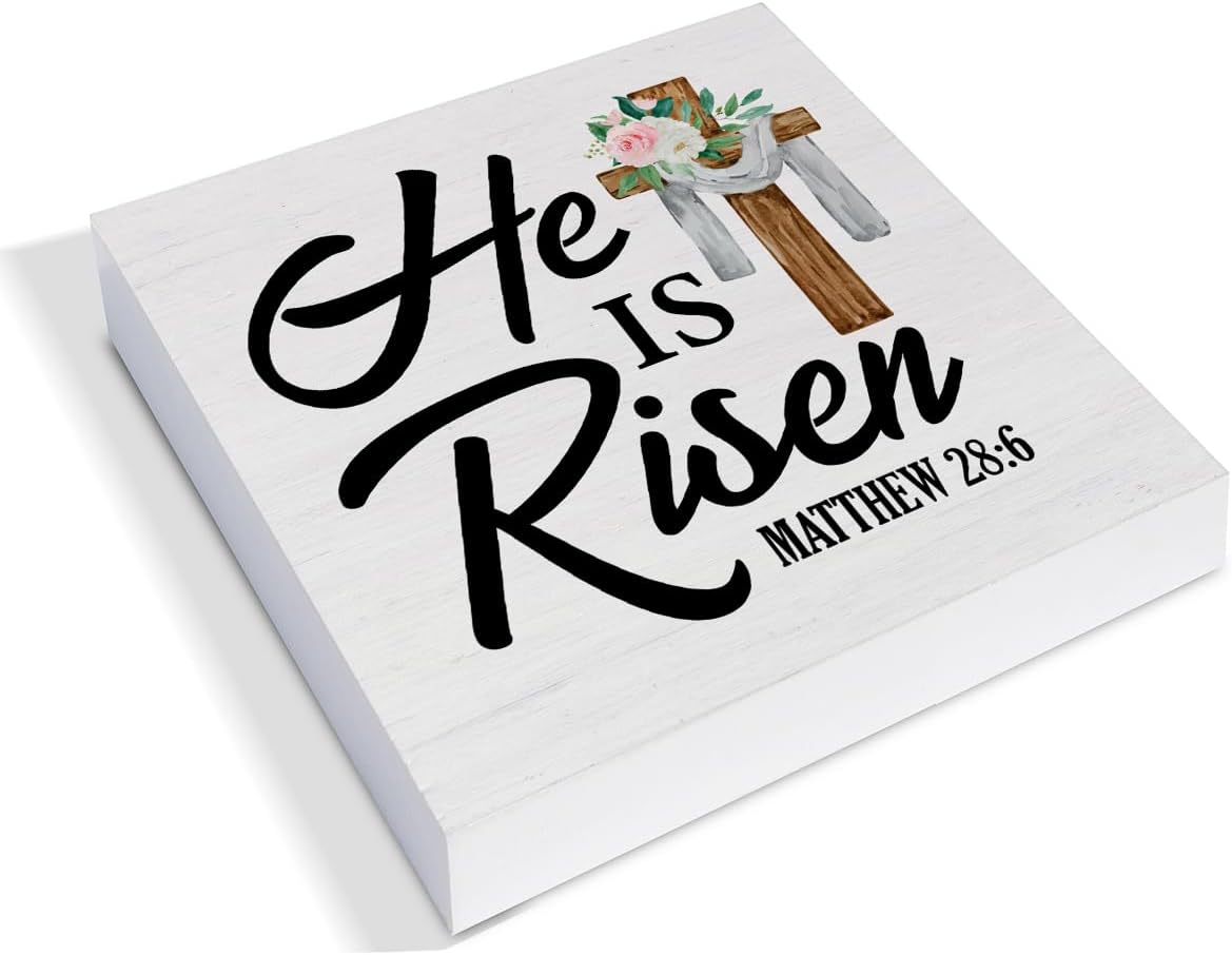 Christian Decor, He is Risen Bible Verse Wood Sign Scripture Easter Decorations Tabletop Shelf Desk Home Decor, 5 X 5 Inches