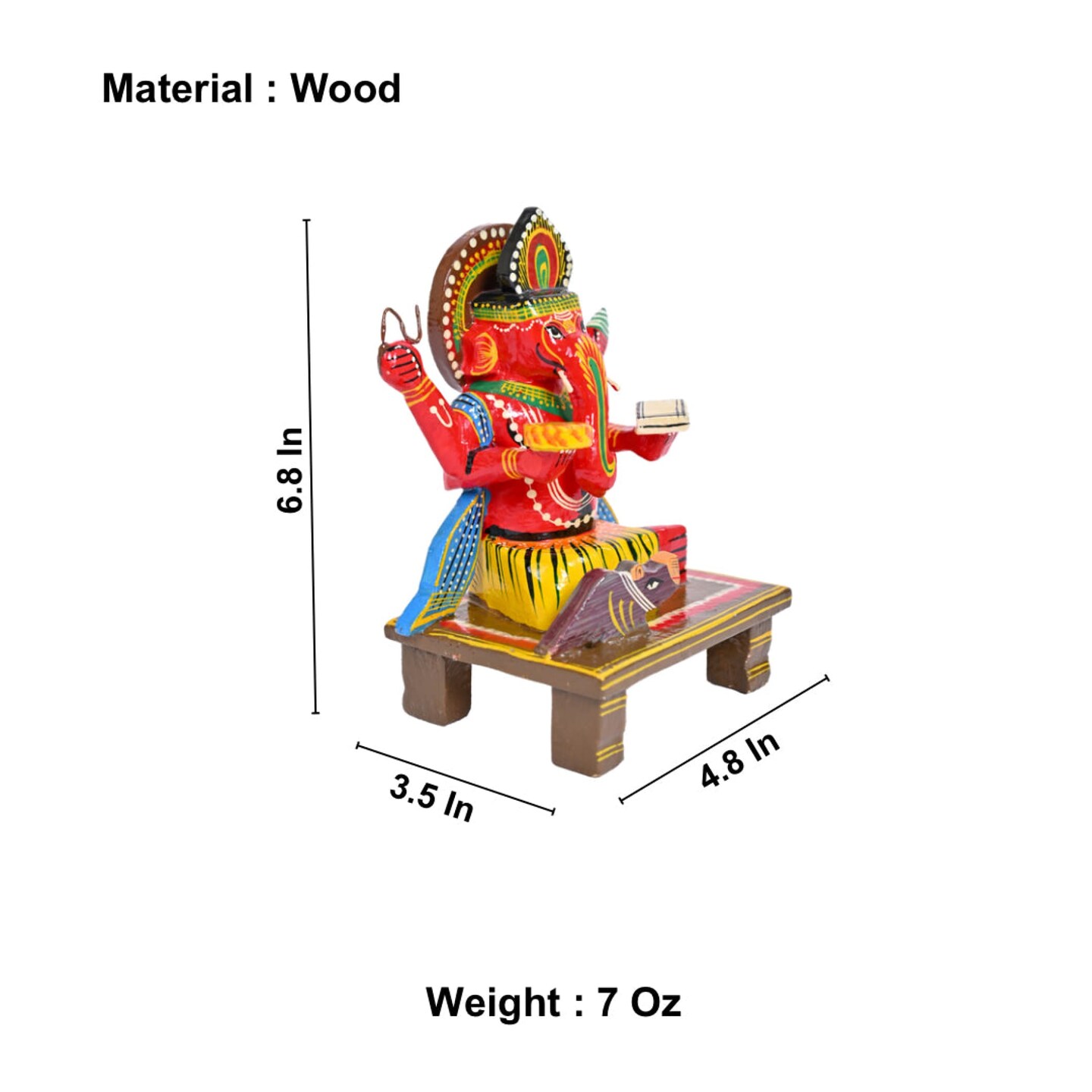 Wooden Ganesha Statue Kondapalli Hand Painted Lord Ganesh Sculpture Gajanana Ganpati Bappa Figurine for Pooja - Home Decor Hindu God Idol Murti Good Luck &#x26; Success (6.8 Inch)