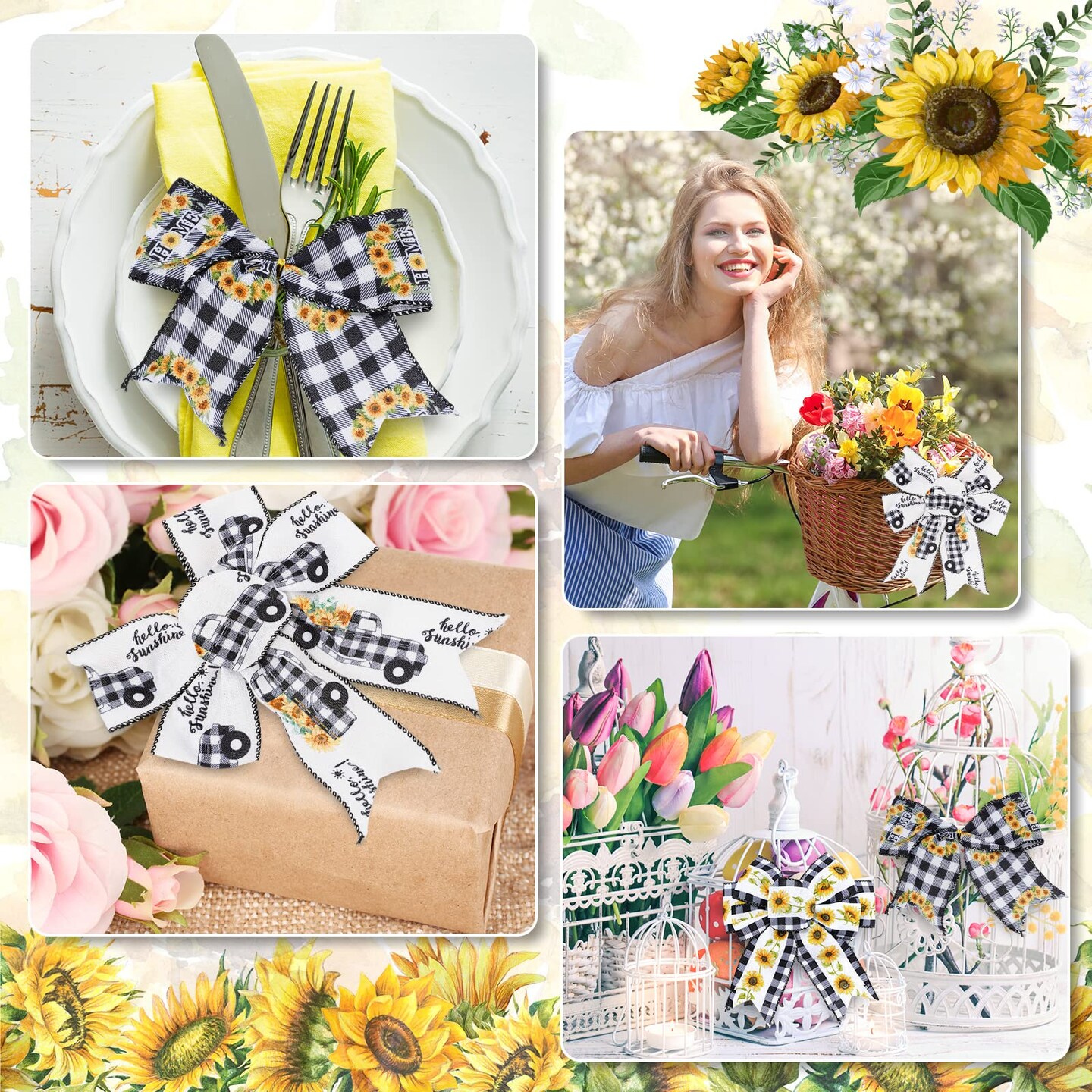 36 Yard Sunflower Wired Edge Ribbon 6 Roll 2.5 Inch Buffalo Plaids Flower Fabric Ribbon Spring Summer Floral Decorative Craft Ribbon for Gift Wrapping Decor Hair Bow Sewing Wreath Crafts