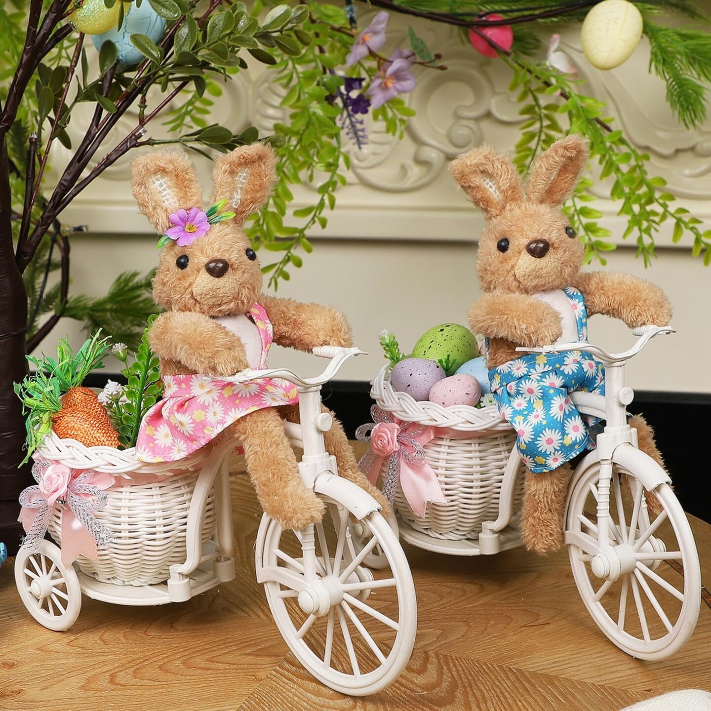 Set of 2 Easter Plush Bunny Tabletop Decorations – 10” Riding Bike Rabbit Figurines for Spring & Basket Filler