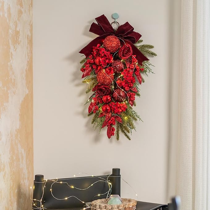 24&#x22; Decorative Teardrop Swag, Artificial Christmas Swag with Red Hydrangea &#x26; Baubles, Purple Bowknot, Red Berries, Sparkling Leaves, Pine Needles (Red Hydrangea)