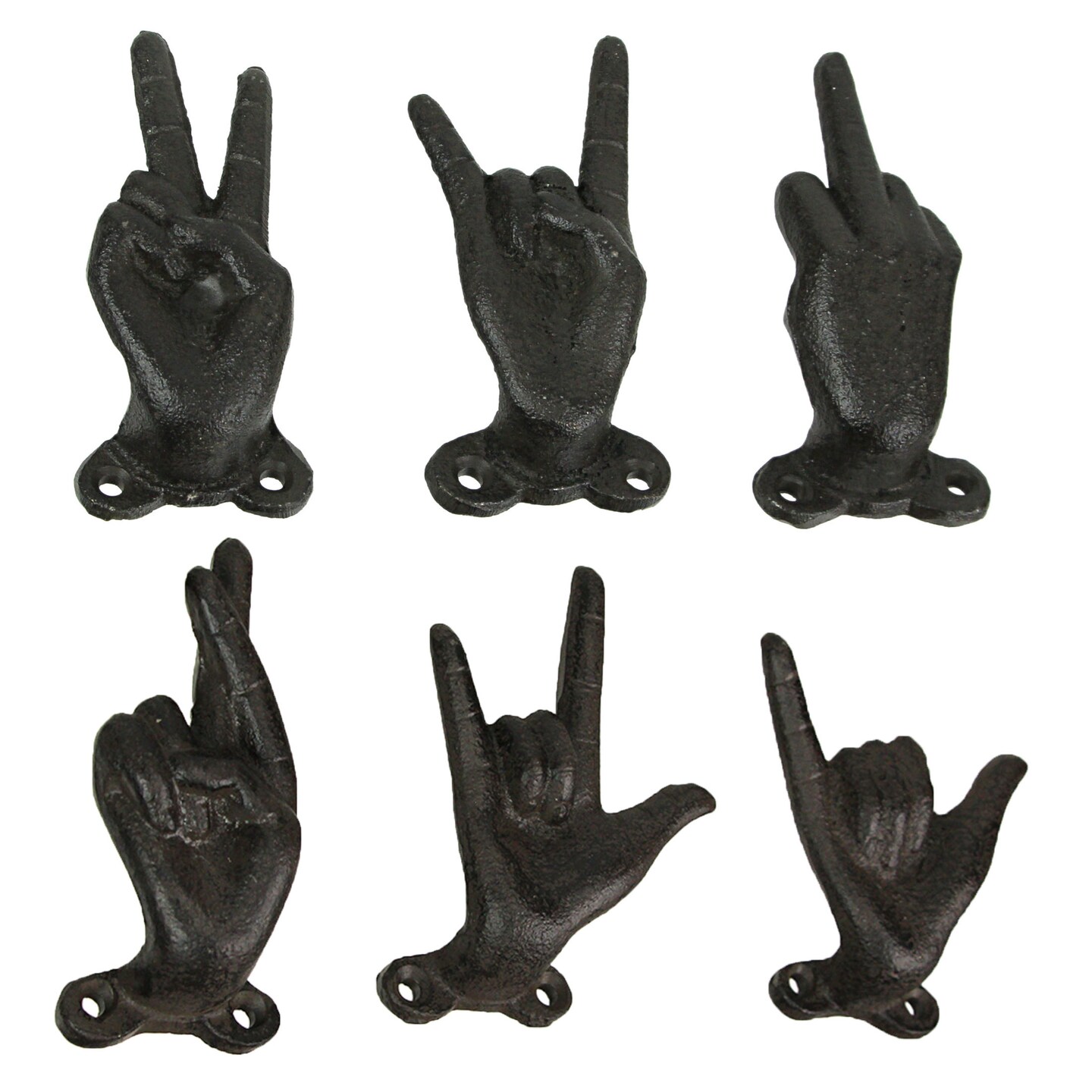 Set of 6 Cast Iron Hand Gesture Hooks Vintage Finish Hangers
