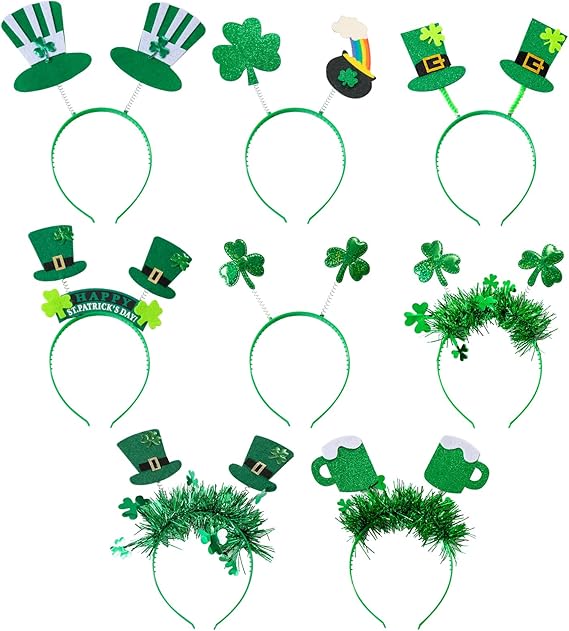 8Pcs St. Patrick's Day Headbands, Green Shamrock Clover Hats Headband Boppers, Saint Patricks Day Irish Headwear Costume Accessories Top Hat Head Band Bopper Party Favors for Women Men Kids