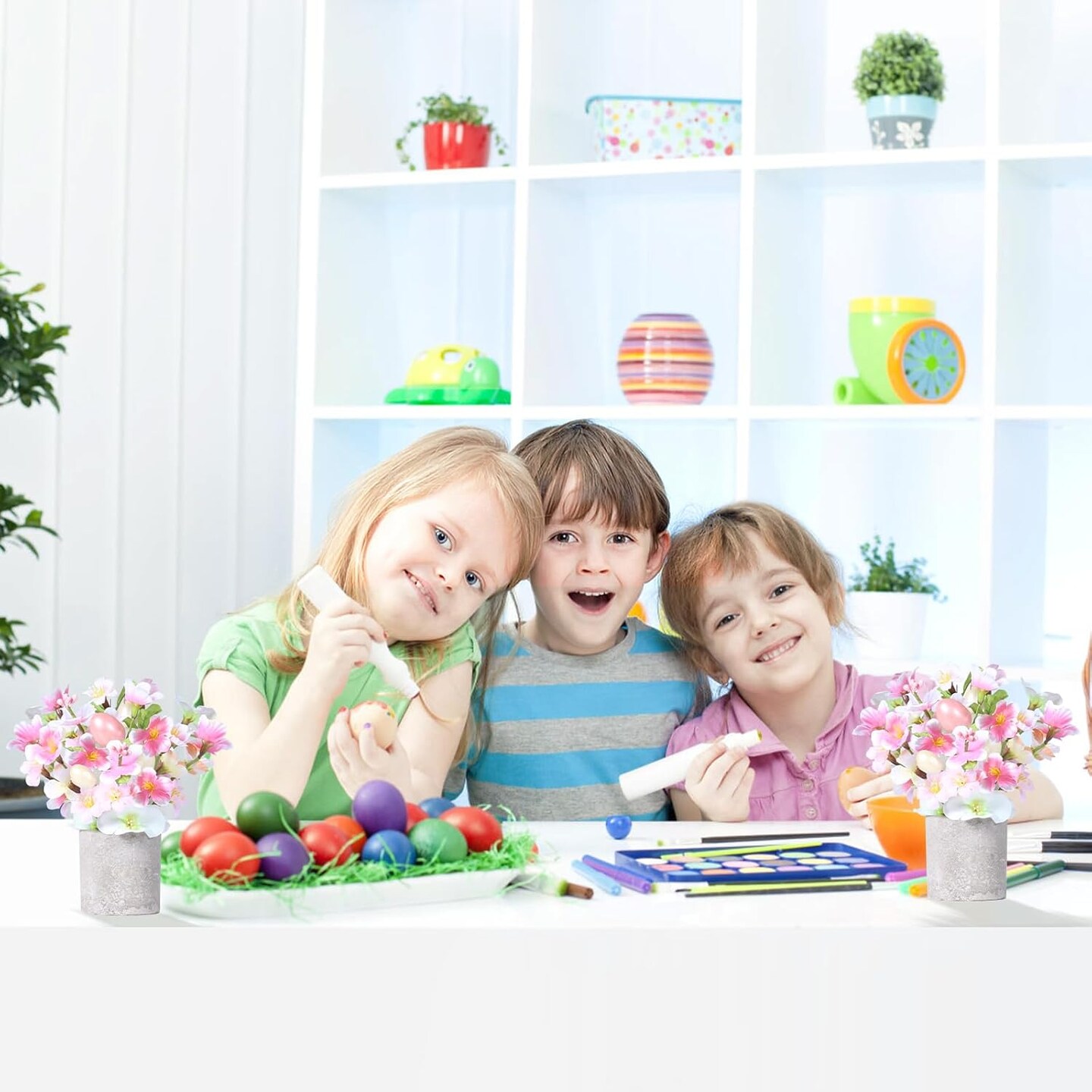 Easter Decorations, 2PCS Artificial Easter Pink Flower Egg Potted Table Decorations