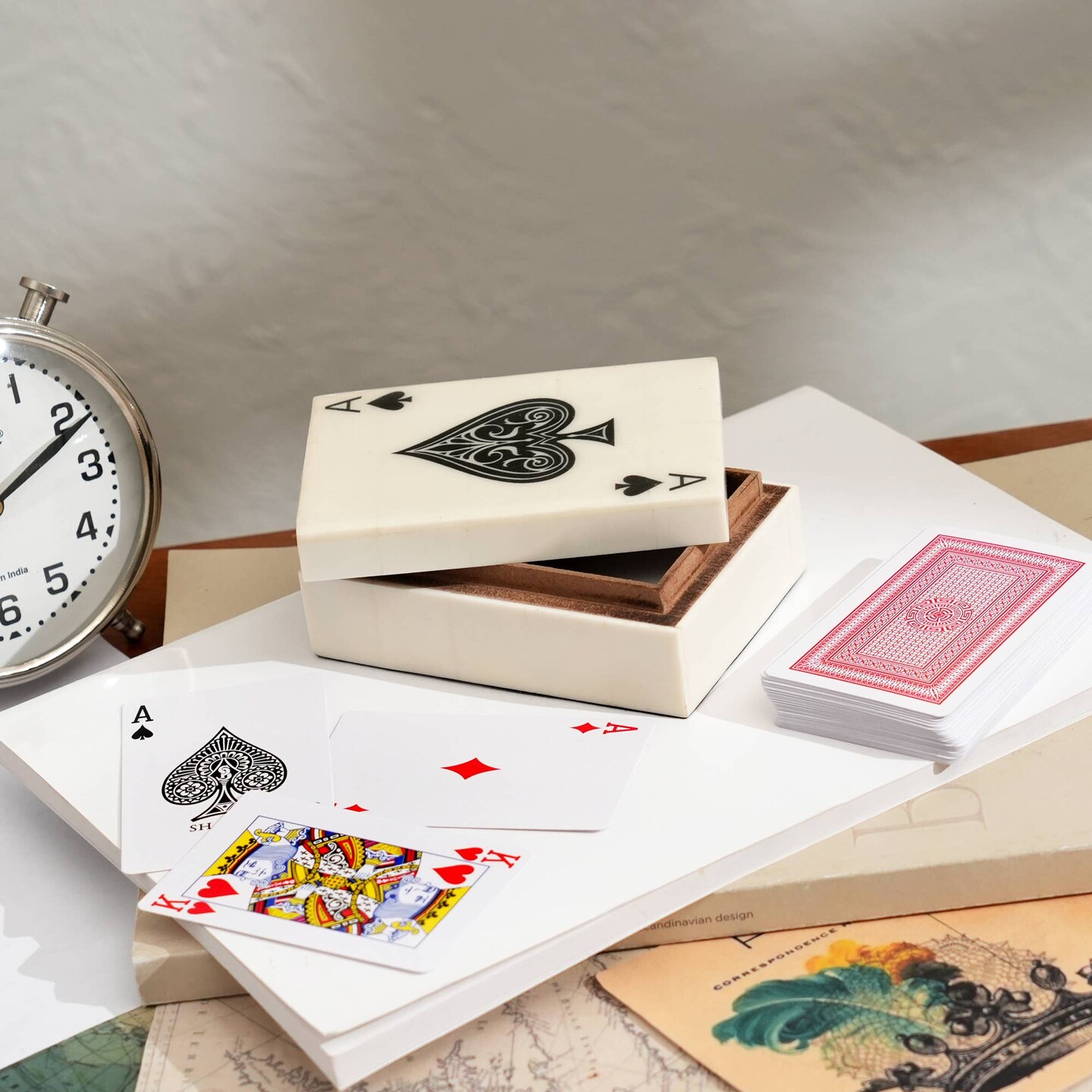 Wooden Printed White Card Box with Cards - 4.75&#x22;x3.35&#x22;x1.75&#x22;