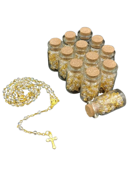 12 Gold Clear Rosary Crucifix Wishing Bottle Baby Shower Baptism Party Favor