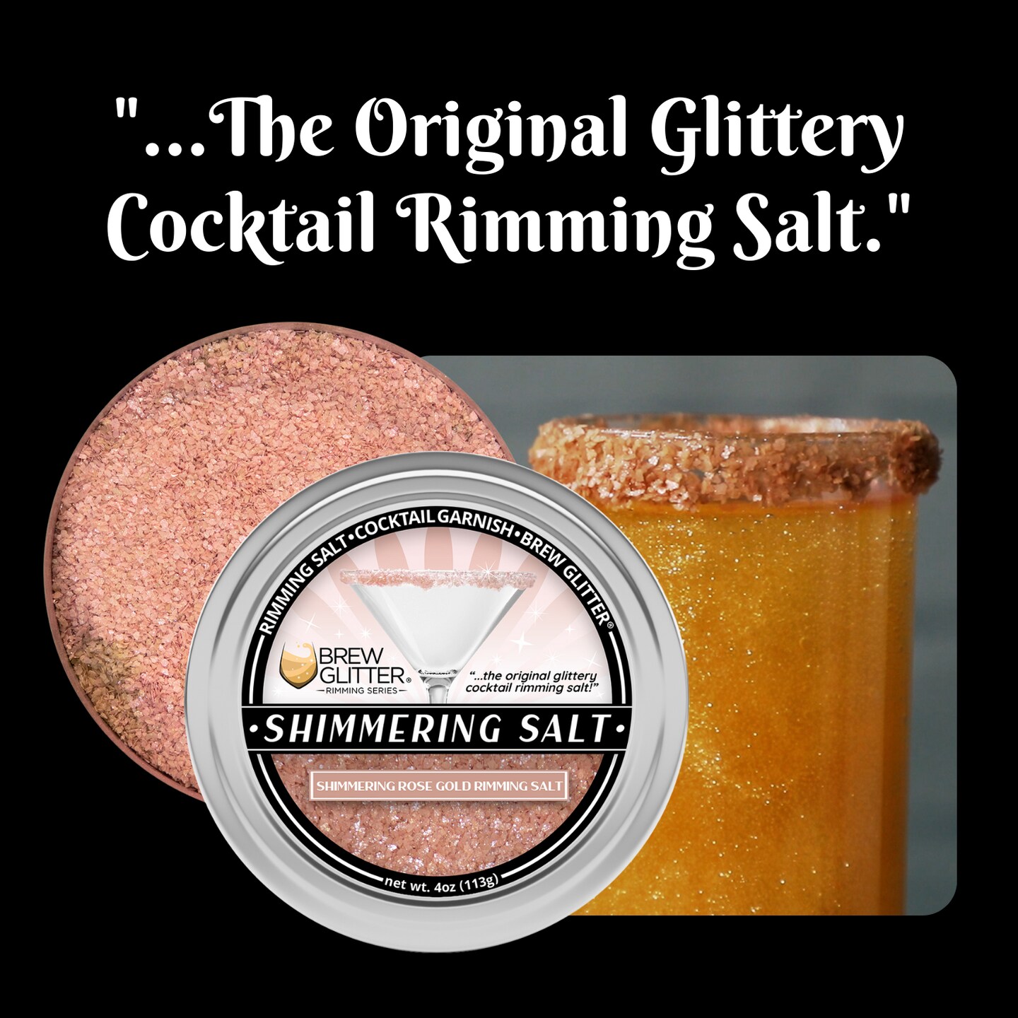 Brew Glitter - Shimmering Rose Gold Rimming Salt (4oz, 1x Bar Tin) Edible Glitter Blended Cocktail Garnish for Mixed Drinks and Beverages