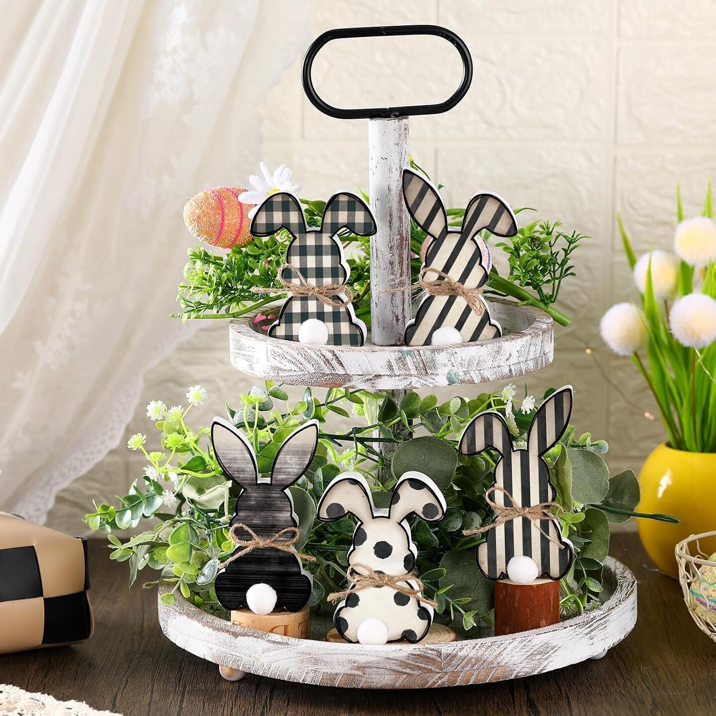 5 Pcs Easter Bunny Wooden Signs Buffalo Plaid Bunny Decor with Jute Rope Easter Decorations for The Home Tabletop Decorations for DIY Home Office Farmhouse