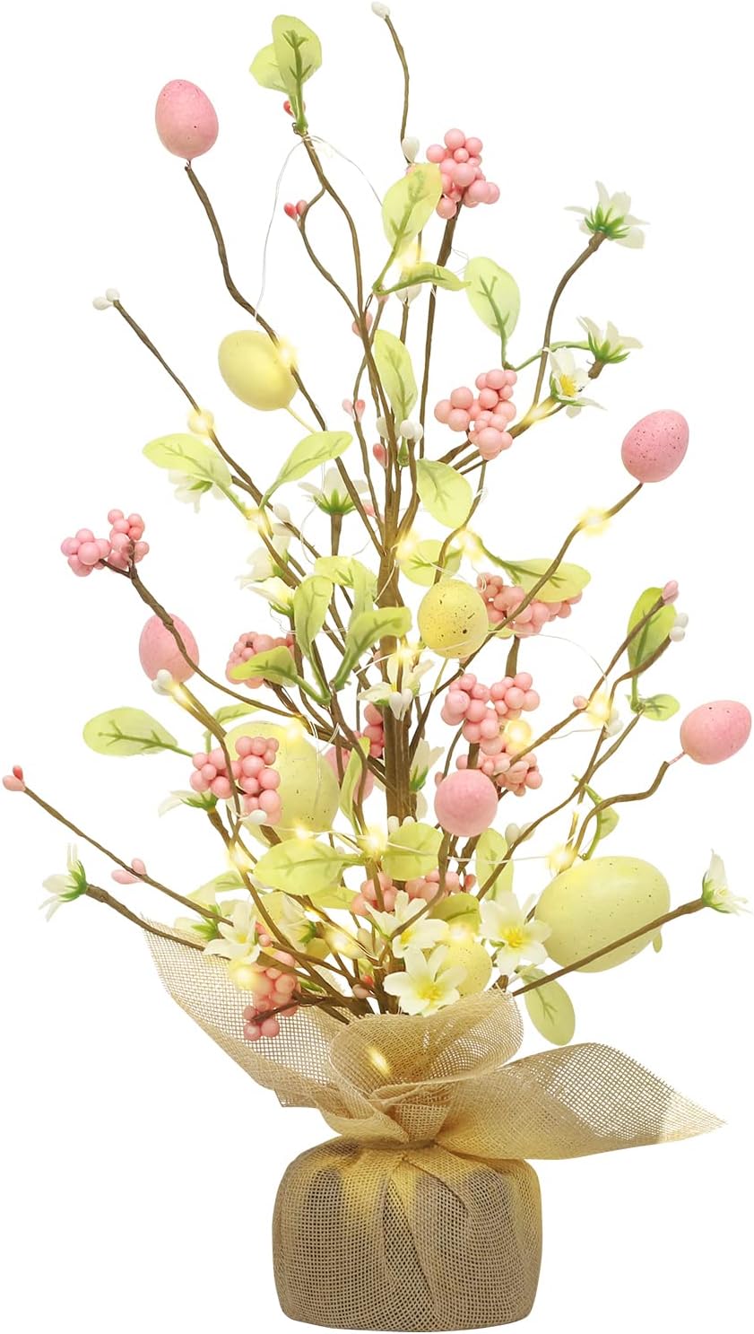 Easter Decorations, 18 Inch Pre-Lit Easter Egg Tree Tabletop Decor with Delicate Ornaments
