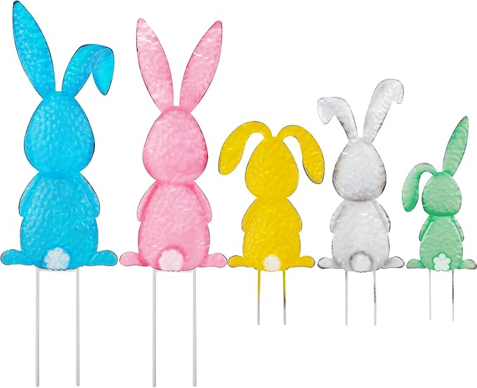5 Packs Easter Garden Stakes Decorations, Metal Bunny Yard Signs, Adorable Rabbit Stakes in Five Colors for Courtyard Patio Spring Lawn Holiday Outdoor Display Props