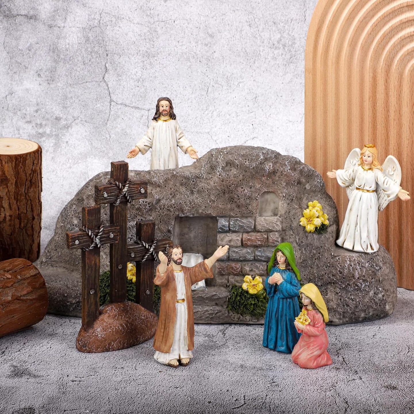 7 Pack Easter Cross Shaped Resin Table Decor Easter Resin Tabletop Ornaments Brown Cross Jesus Nun Statue