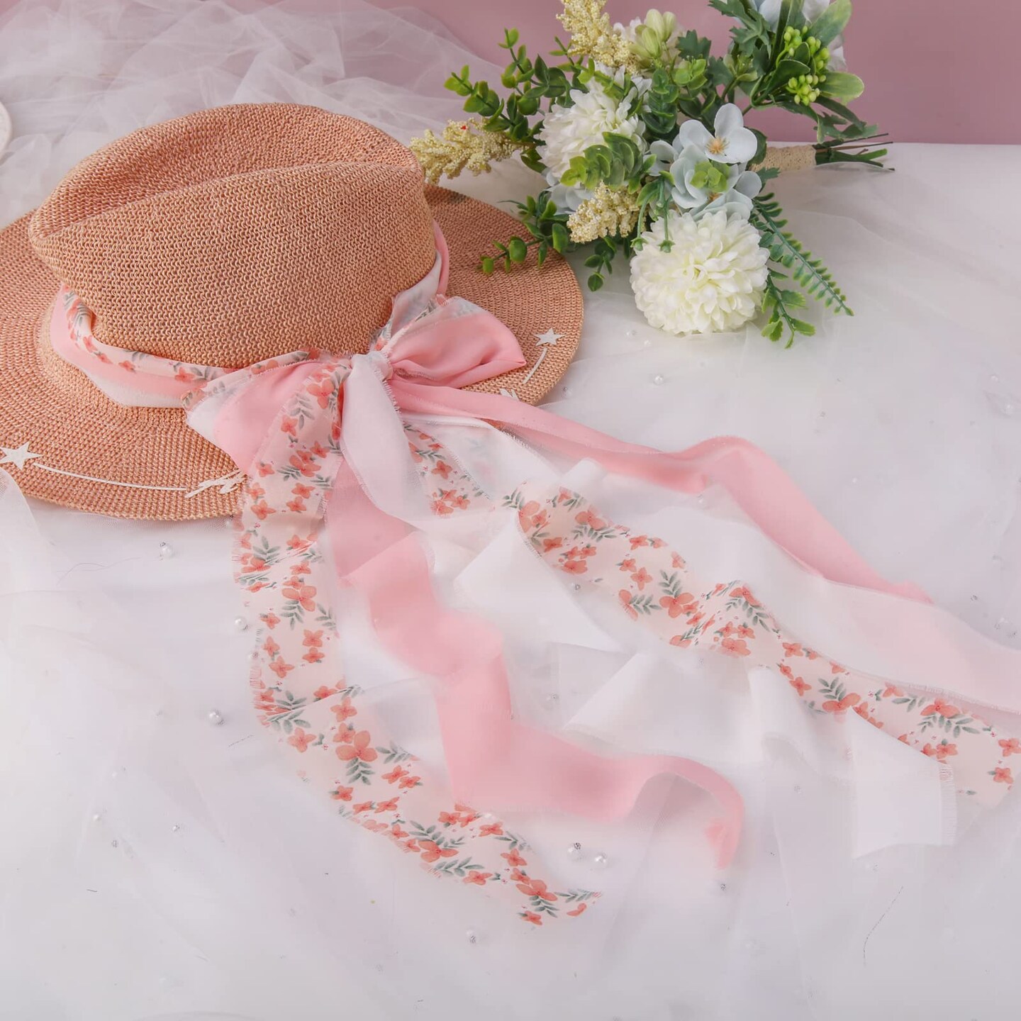 Dseason Handmade Fringe Floral Silk Chiffon Ribbons 1.5" x 7 Yards, 3 Rolls 21 Yards Pink Floral Ribbons Set for Wedding Invitations, Bridal Bouquets, Gifts Wrapping, DIY Crafts Decoration