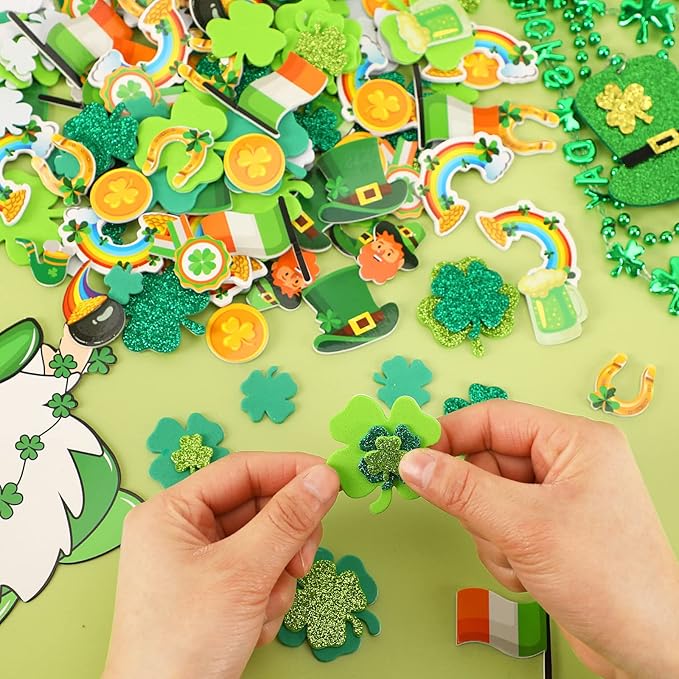 St. Patrick's Day Foam Sticker, 300Pcs Green Irish Lucky Shamrock Self Adhesive Foam Stickers Glitter Four Leaf Clover Stickers for Kids Party Favors DIY Crafts Decorations Supplies