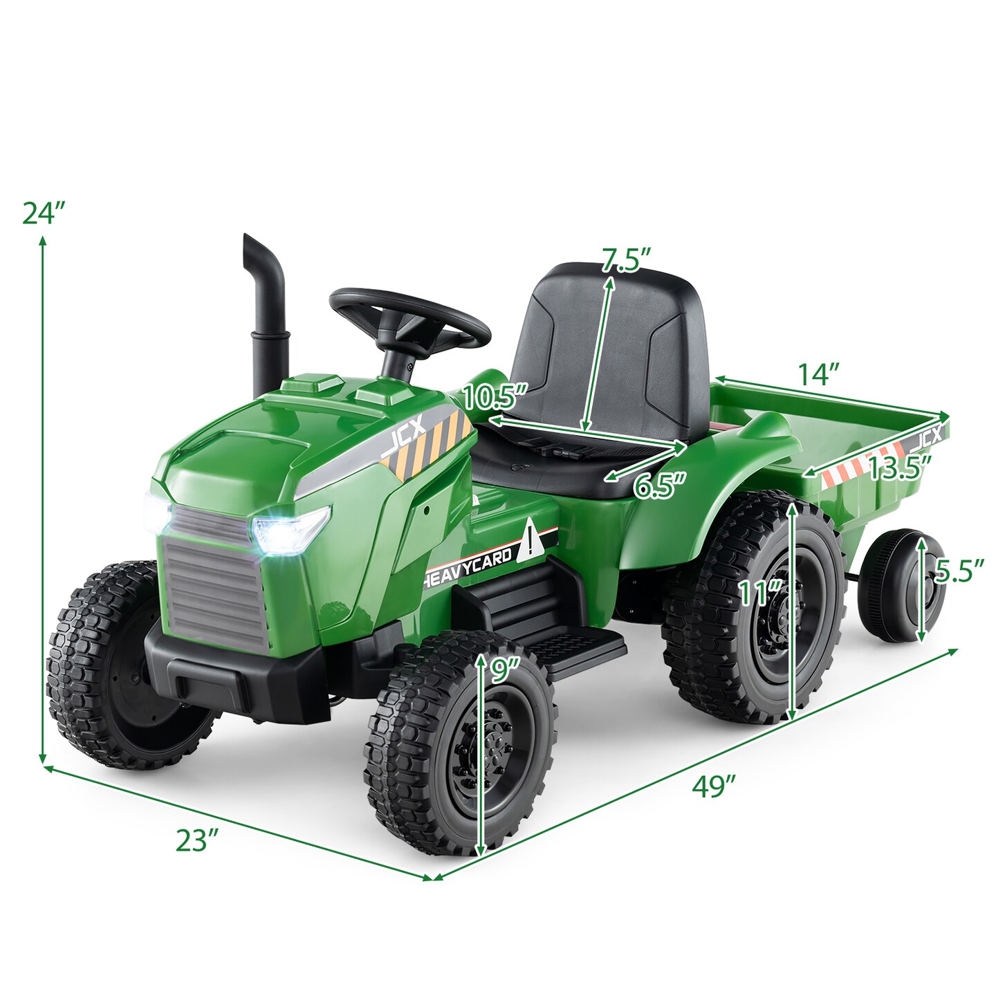 Green Plastic 12V 2-in-1 Kids Ride On Tractor with Trailer, 3-Gear Shift, Battery-Powered