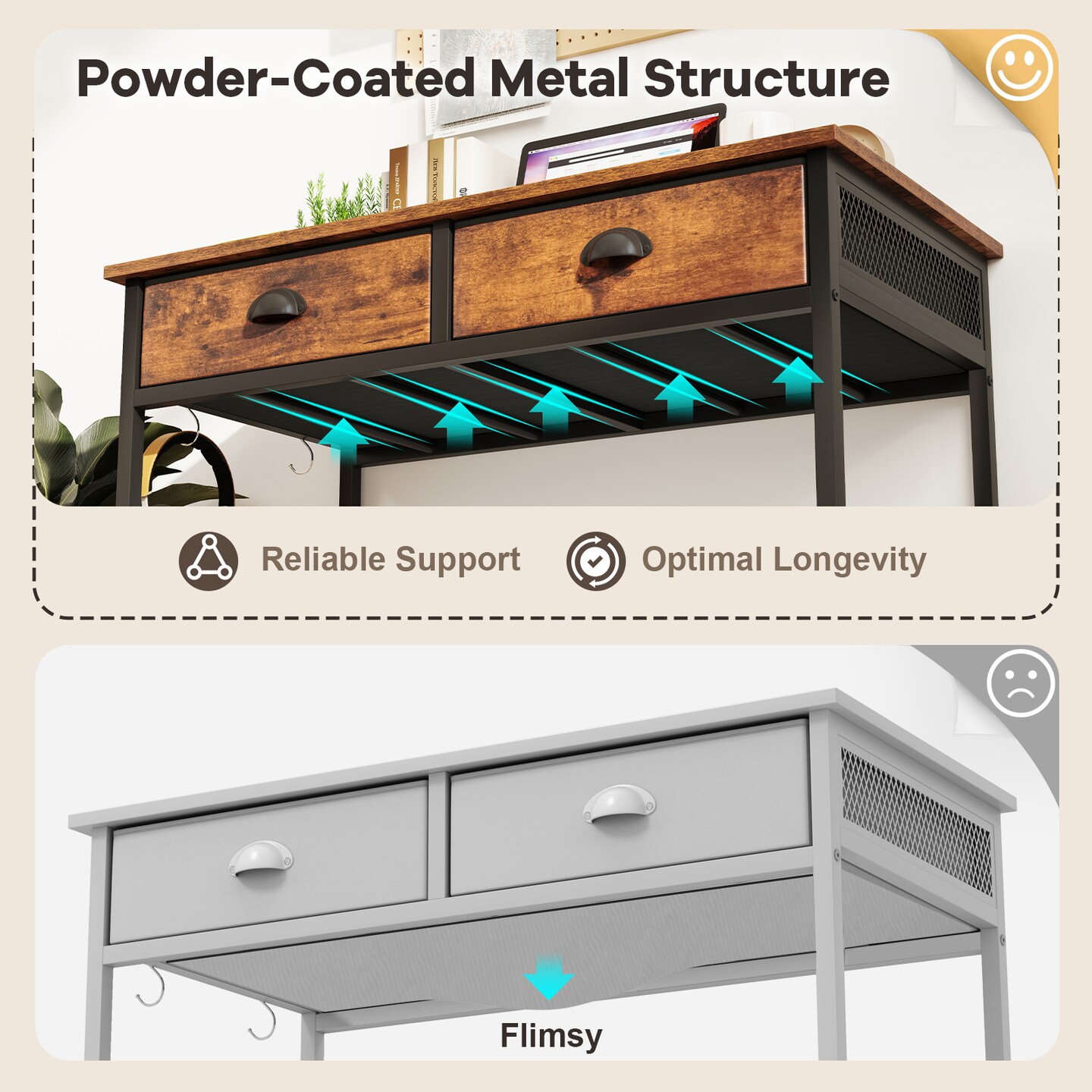Space Saving Home Office Desk with 2 Fabric Drawers and 4 Hanging Hooks