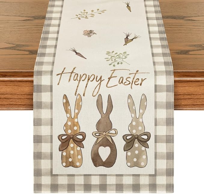 Buffalo Plaid Bunny Happy Easter Table Runner, Seasonal Spring Kitchen Dining Table Decoration for Home Party Decor 13x72 Inch