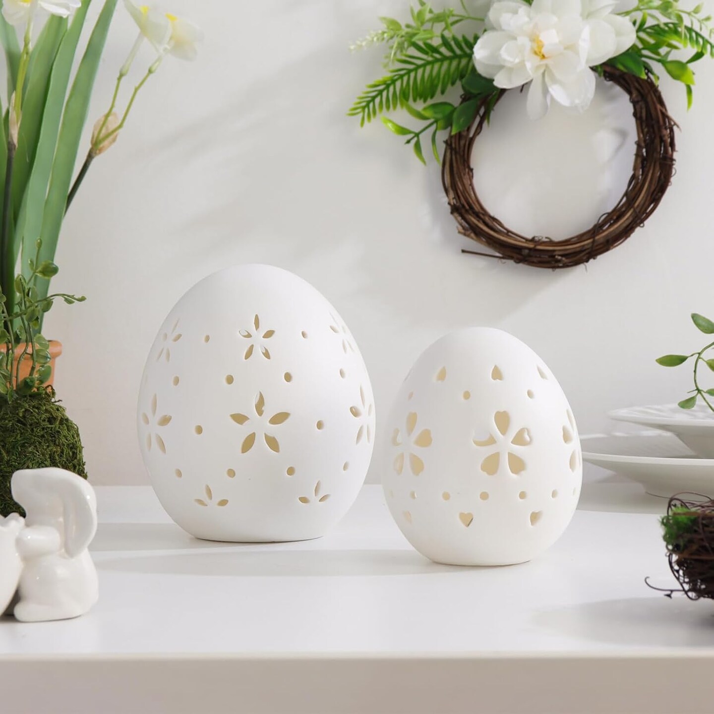 Easter Decorations: White Ceramic Lighted Easter Egg Set of 2, Farmhouse Rustic Hollow Easter Eggs Light Up Tabletop Statue