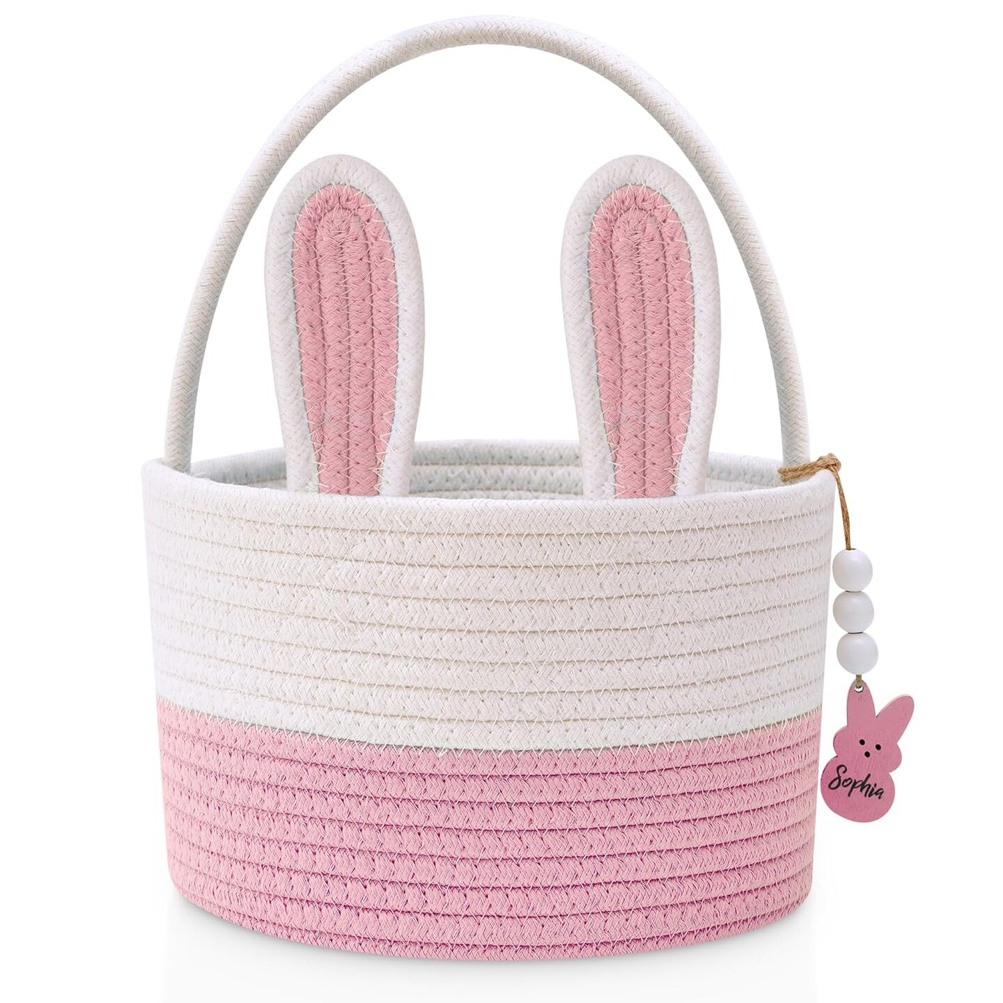 Easter Baskets for Kids, Pink Large Woven Rope Bunny Personalized Easter Basket Empty with Handle, Basket Name Tag, Baby Egg Easter Baskets for Girls, Boys, Toddler, Babies, Infant, Easter Gifts