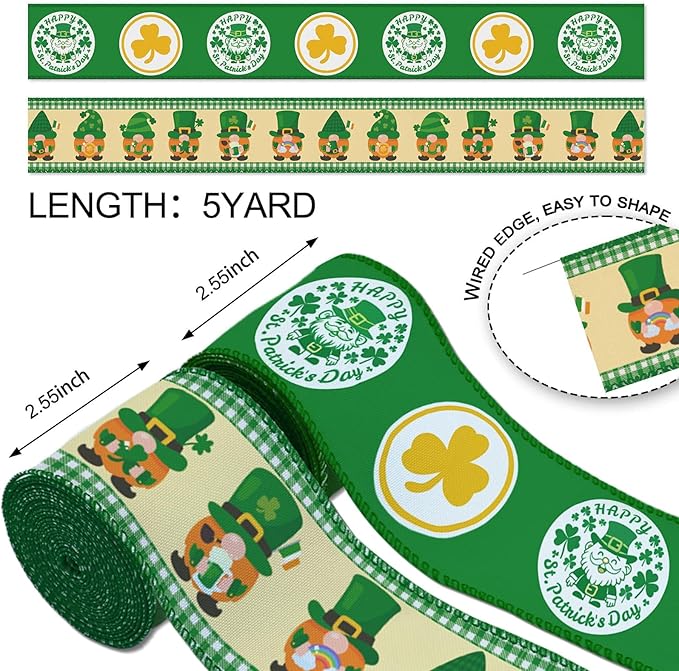 2 Rolls St Patrick&#x27;s Day Ribbon, 2.55&#x22; x 5 Yards, Wired Edge Ribbon with Leprechaun &#x26; Shamrock Pattern, Green Plaid Border Decorative Ribbon for Holiday Party Home Decor Wreath Making Gift Wrap