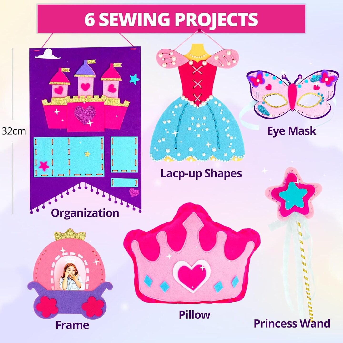 My First Princess Kids Sewing Kit, Beginner Arts and Crafts, Princess Sewing Kit for Kids, 6 Dreamy DIY Projects with Princess Lacing Dress, Butterfly Eye Mask, Instructions &#x26; Felt for Learn Sewing