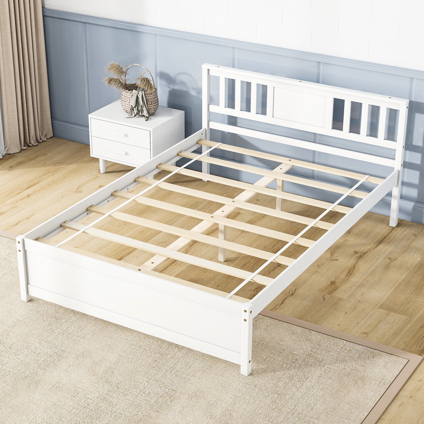 Wooden Platform Bed with Headboard and Wood Slat Support White