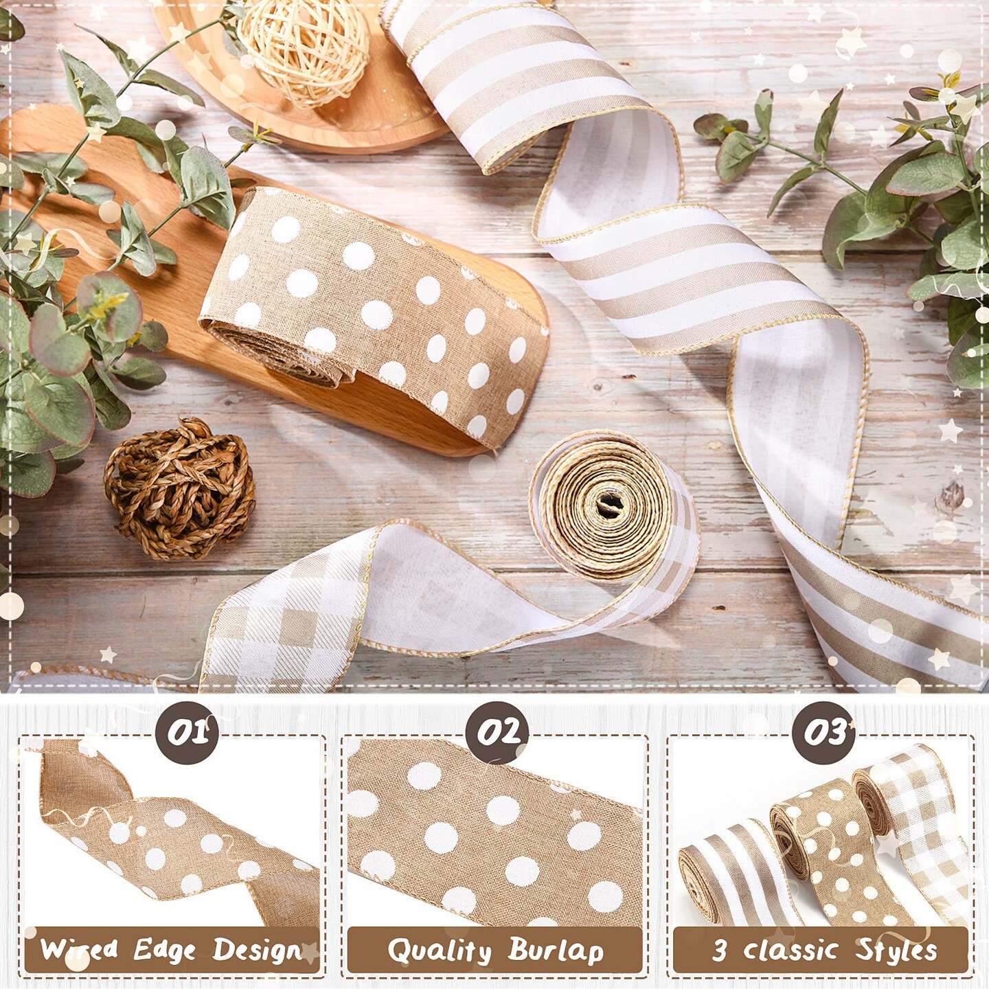3 Rolls Burlap Wired Ribbons Plaid Wrapping Striped Gingham Grosgrain Ribbon Dot Pattern for DIY Crafts Party Home Decoration, 2.5 Inch x 15 Yards (Linen Color), (Wiaxin-Ribbon-2055)