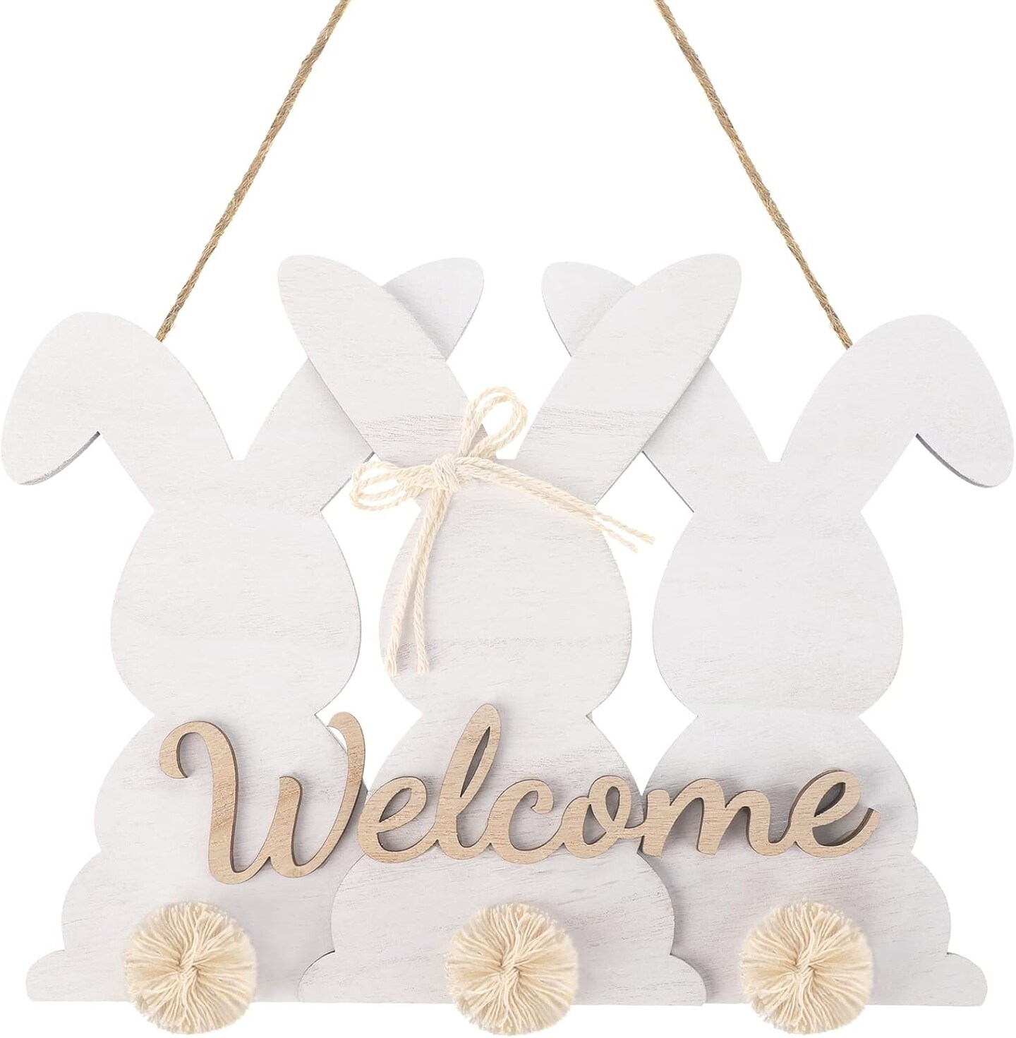 Easter Bunny Welcome Door Sign Easter Wooden Door Decor Bunny Wreath Hanging Plaque Farmhouse Home Front Porch Rabbit Sign with Bow for Shop Home Garden Spring Decor(Natural Color)