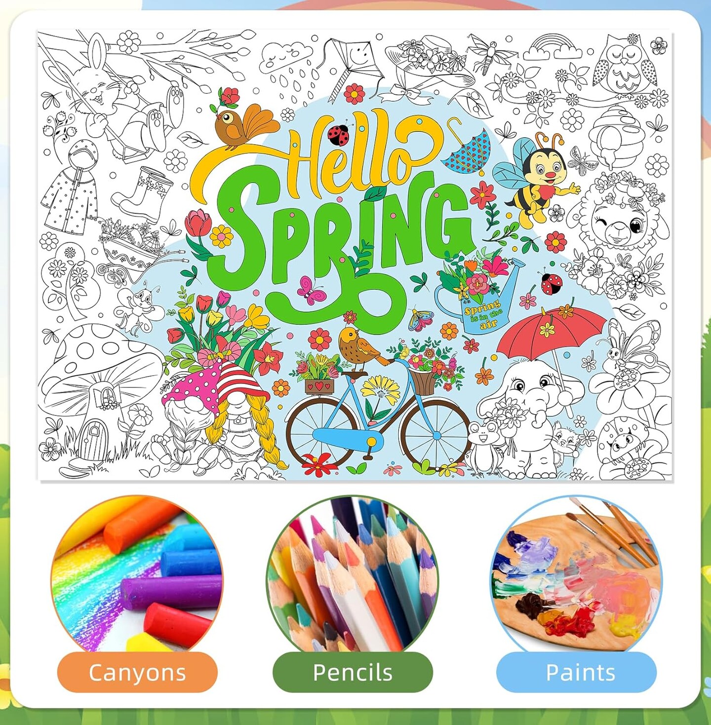 Hello Spring Coloring Poster with 24pcs Paint Pens,Spring Party Jumbo Paper Coloring Banner