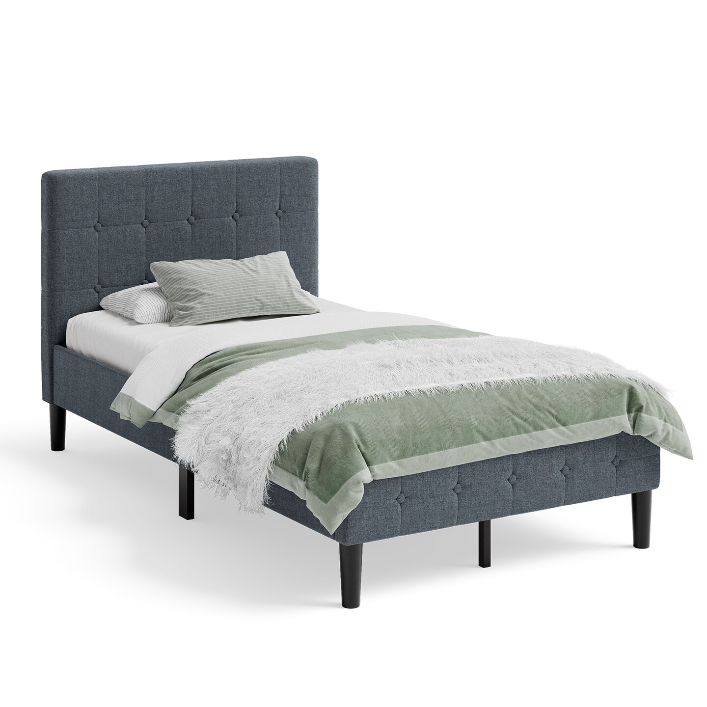 Button Tufted Twin Upholstered Bed Frame with Padded Headboard