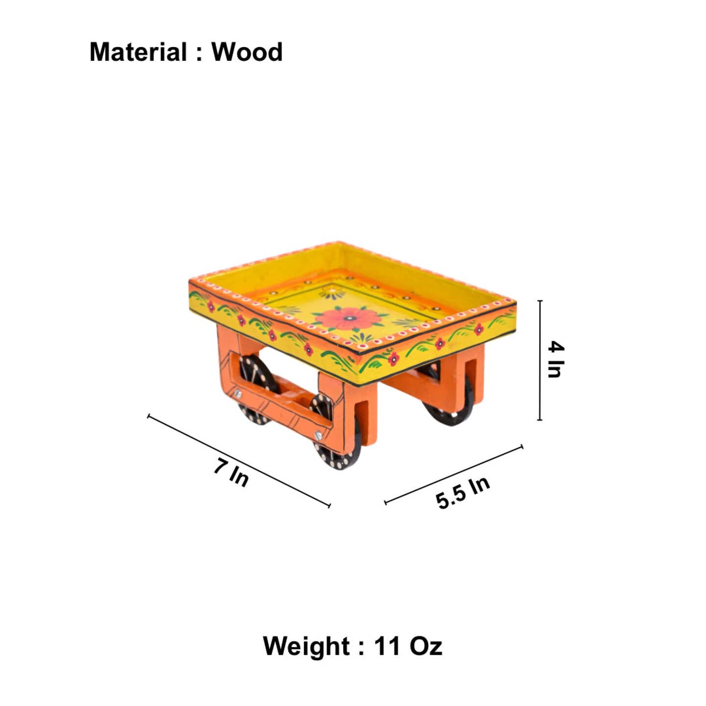 Wooden Trolley with Wheels Hand Painted Serving Tray Indian Decorative Platter for Snack Tea Home Kitchen Restaurant Table Decor Great Gift Idea