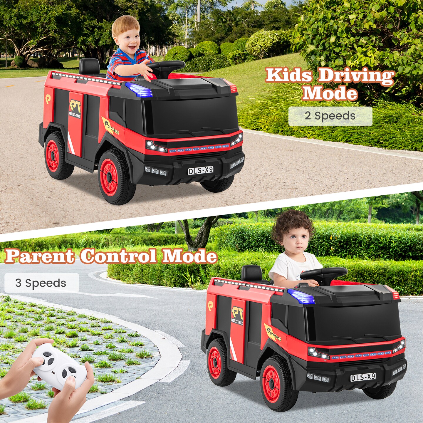 Red 12V Electric Kids Ride-On Fire Truck 2-Seater with Remote Control, Water Gun, and Siren-Red