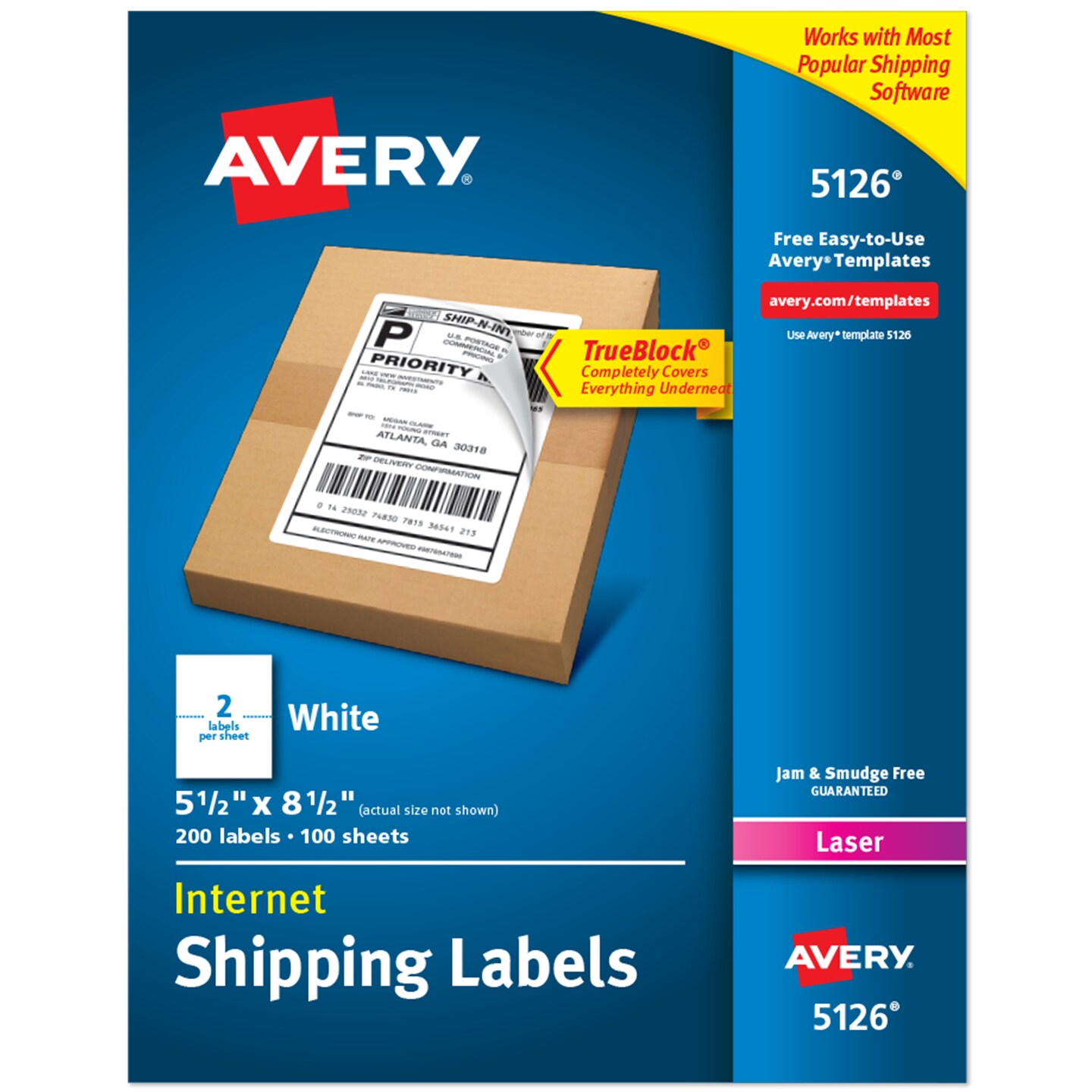 Avery Half-Sheet Printable Shipping Labels, 5.5&#x22; x 8.5&#x22; Customizable Stickers, White, 200 Blank Mailing Labels, Great for Mailing, Shipping, Organizing, and More (5126)