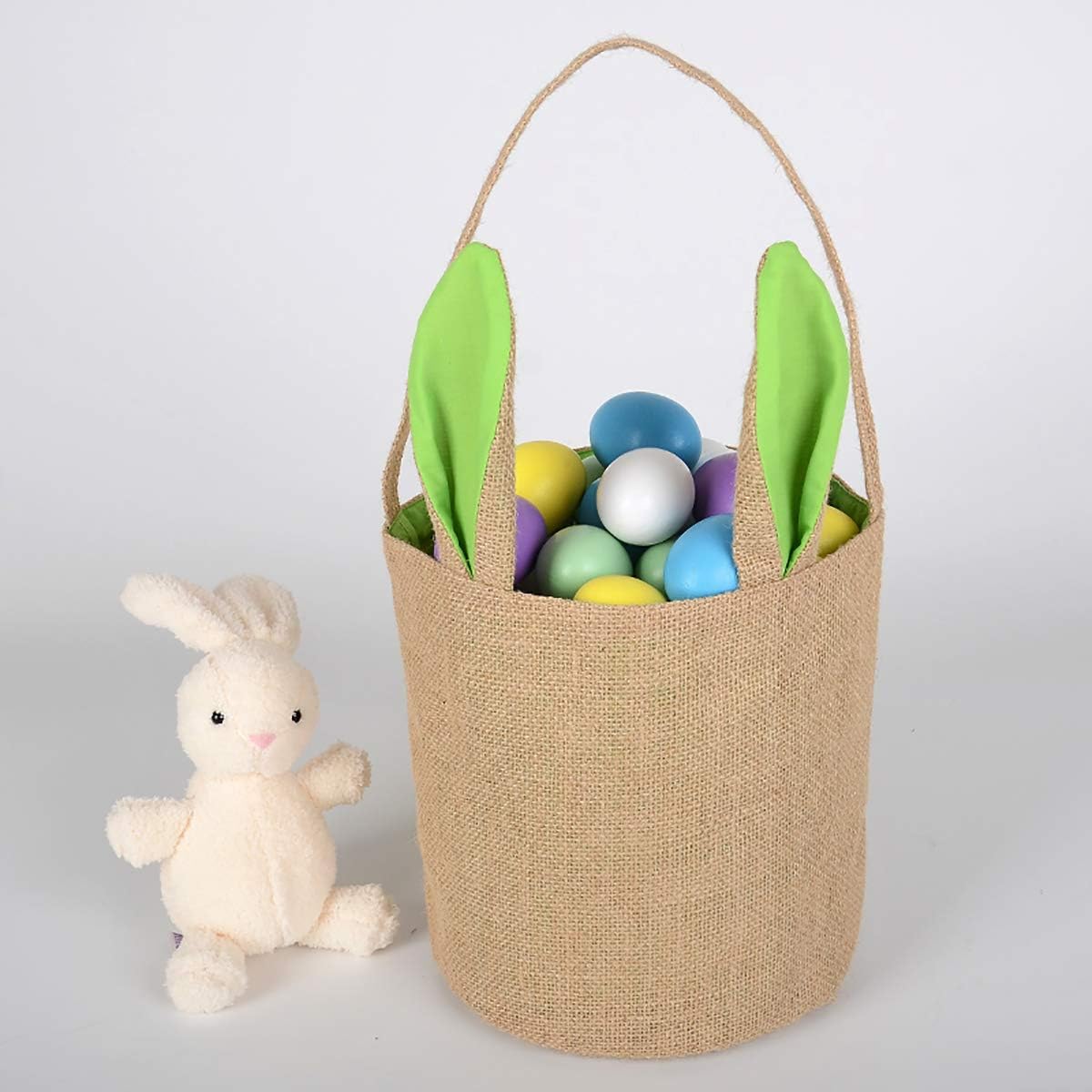3 Pack Easter Bunny Baskets Jute Burlap Easter Bags with Ears Stand Up 8 x 8 x 9 Inch