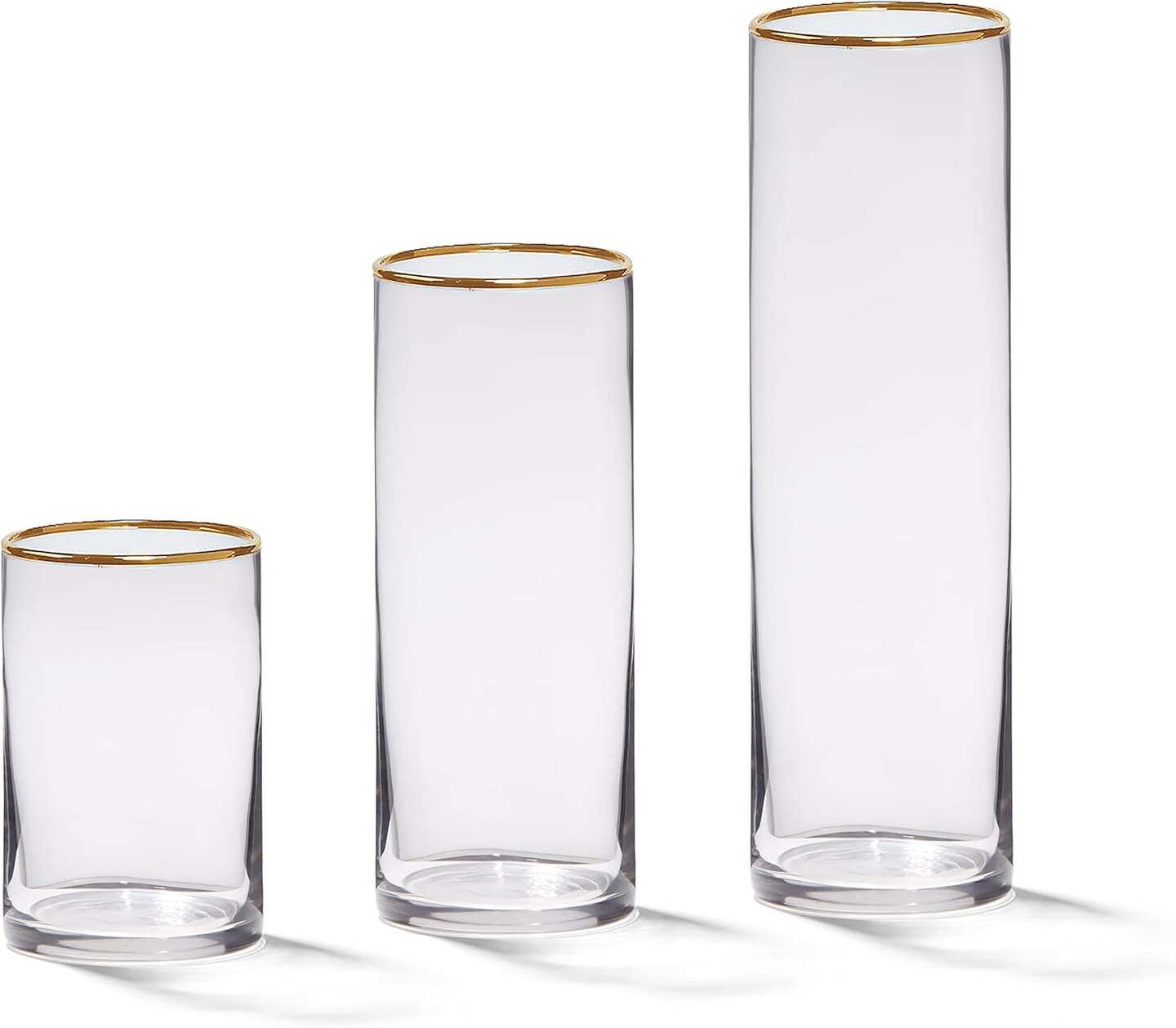 4E's Novelty Set of 3 Glass Cylinder Vases for Centerpieces, 6, 9, 10.5 Inch Tall, 3.5" Wide with Gold Rim, Clear Glass Vase for Candles