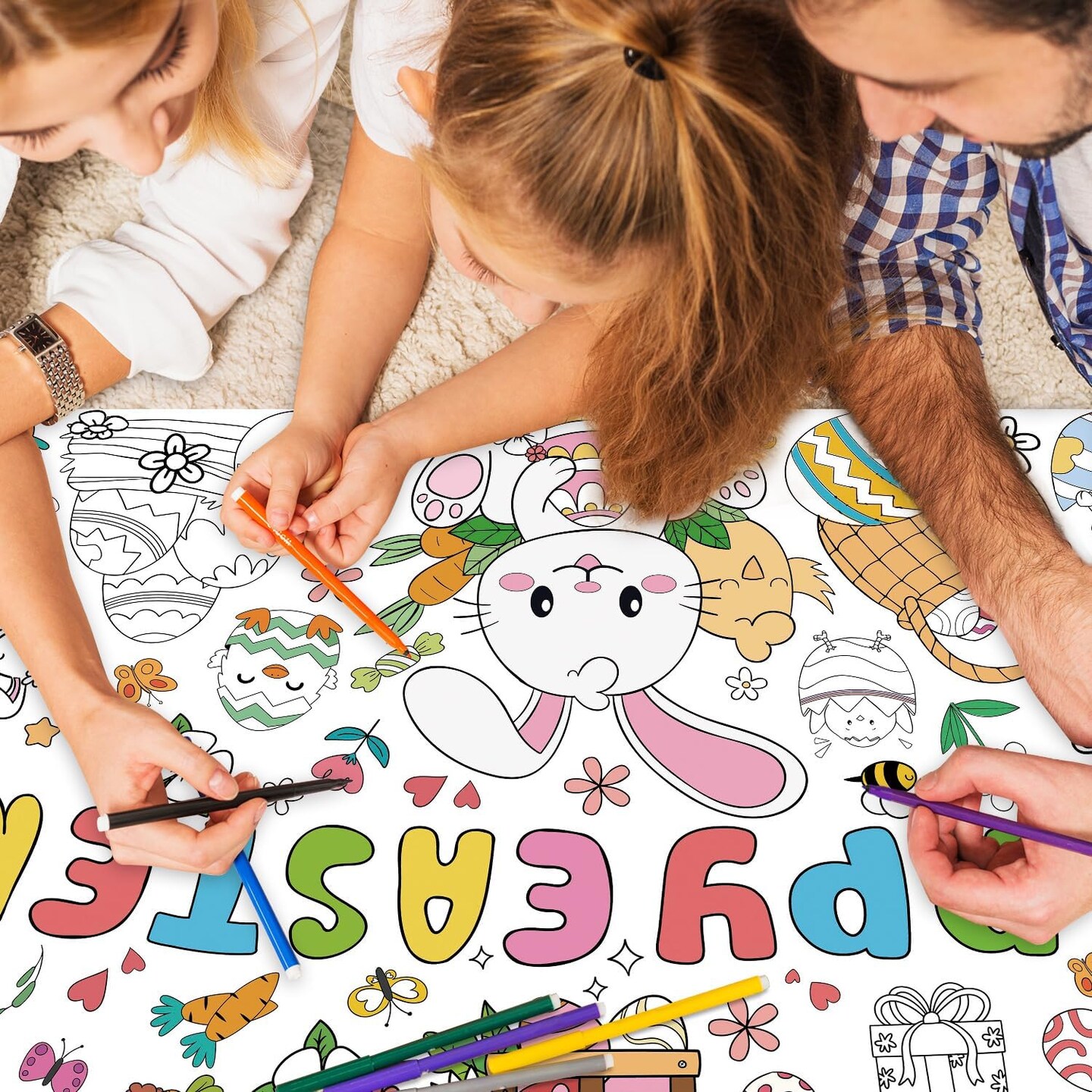 Happy Easter Giant Coloring Poster & Tablecloth – 31 x 72 Inches Jumbo Paper Coloring Banner for Kids' Crafts, Activities, Toys, Parties and Classroom Decor