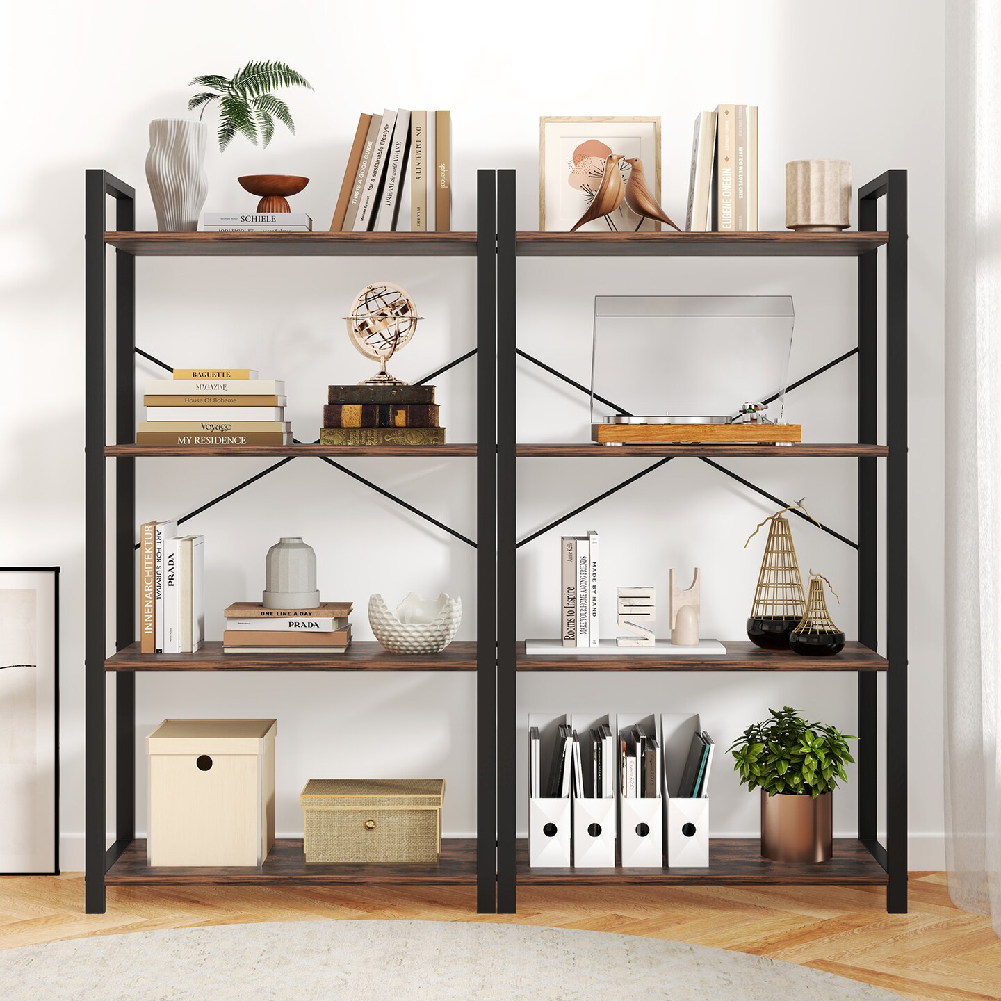Rustic Brown 4-Tier Bookshelf with Heavy Duty Metal Frame Perfect for Any Room