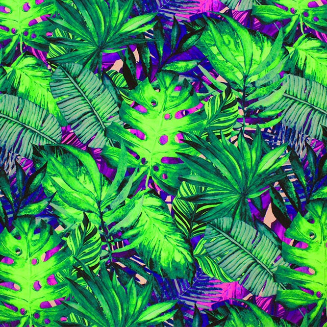 Mixed Palm Leaves Fluorescent Ground Printed Spandex Fabric